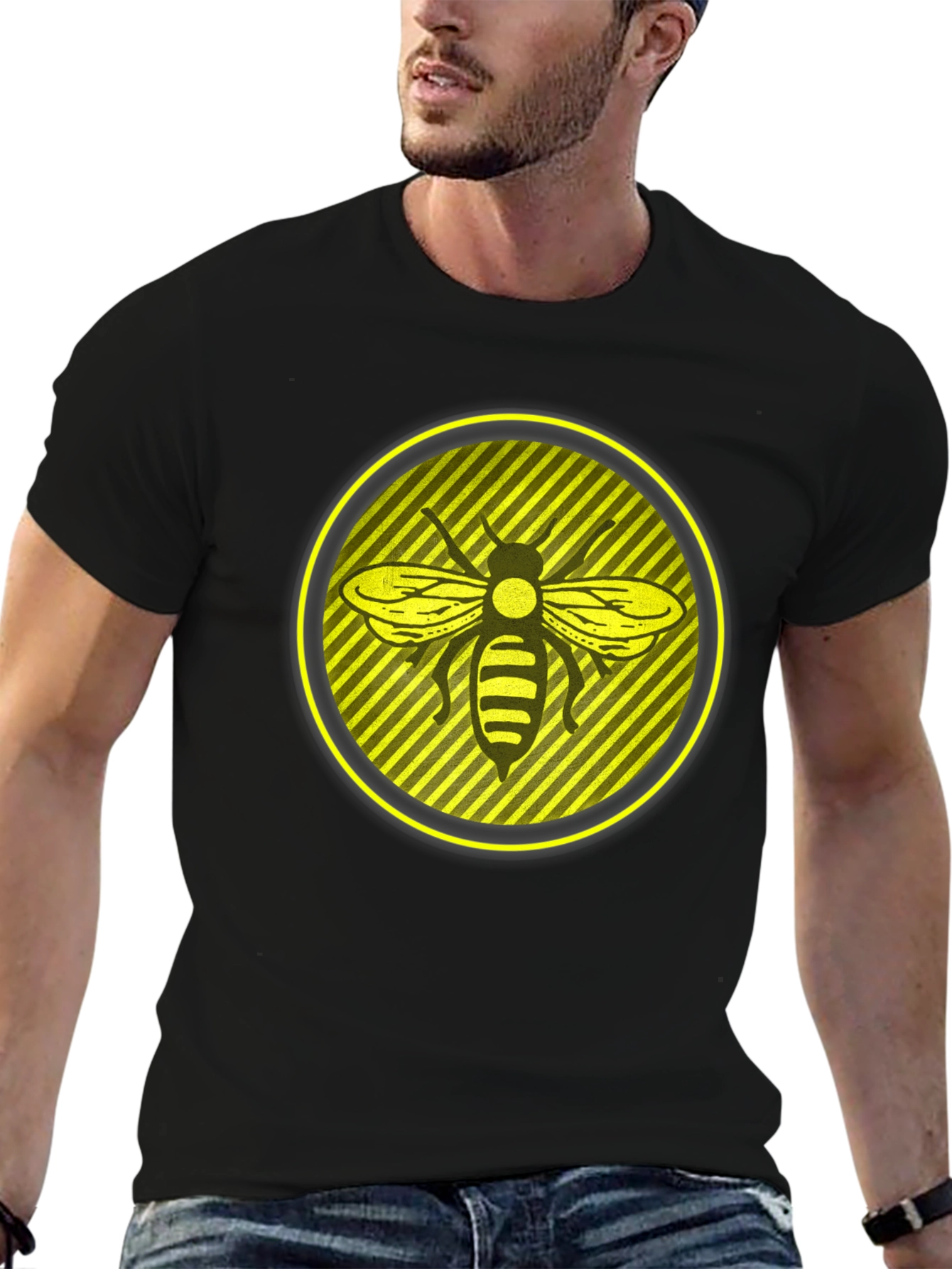 Striking Bee Graphic Tee - Black Cotton Casual Wear