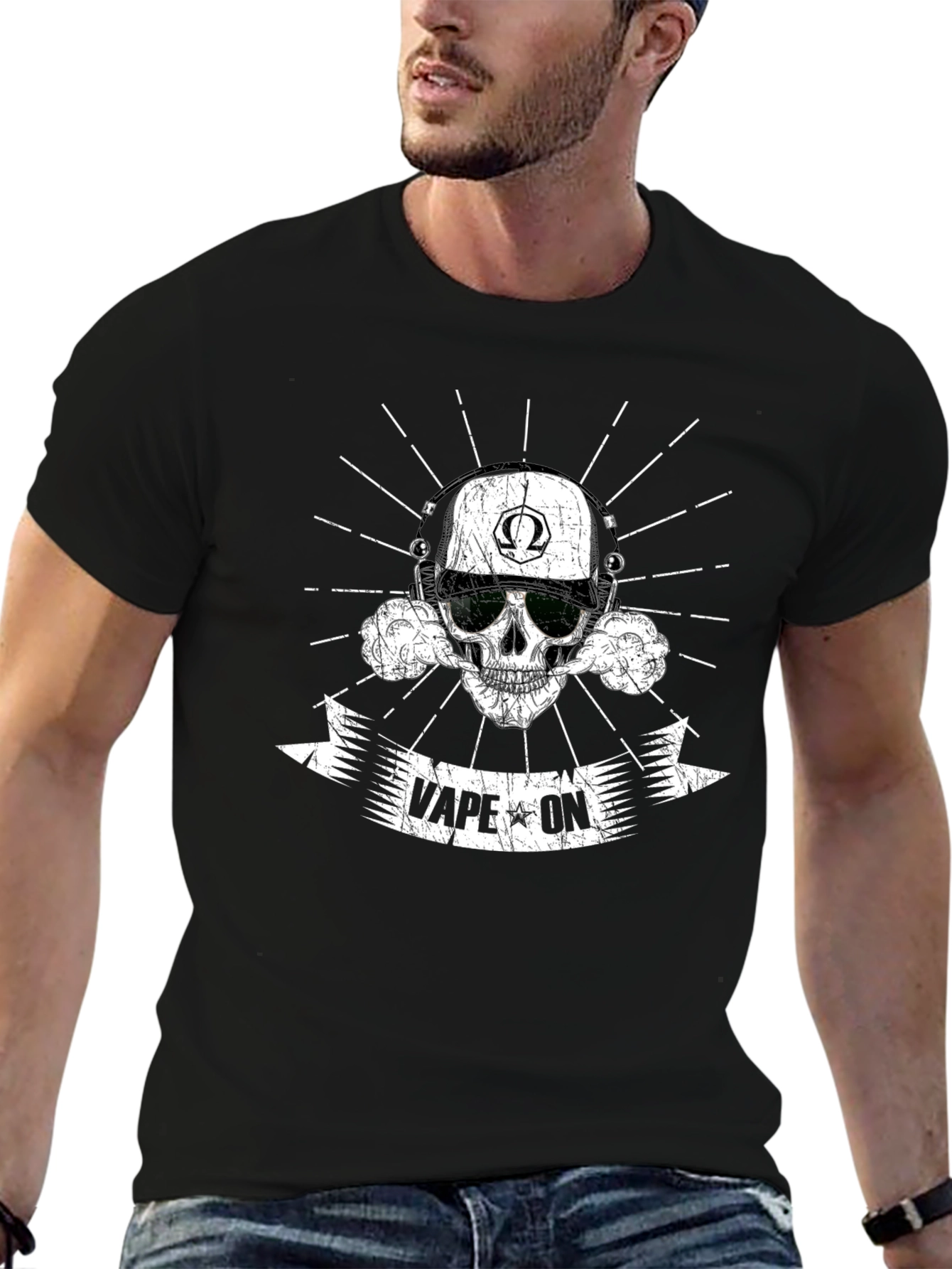 Vape On Skull Graphic T-Shirt - Black Cotton Tee