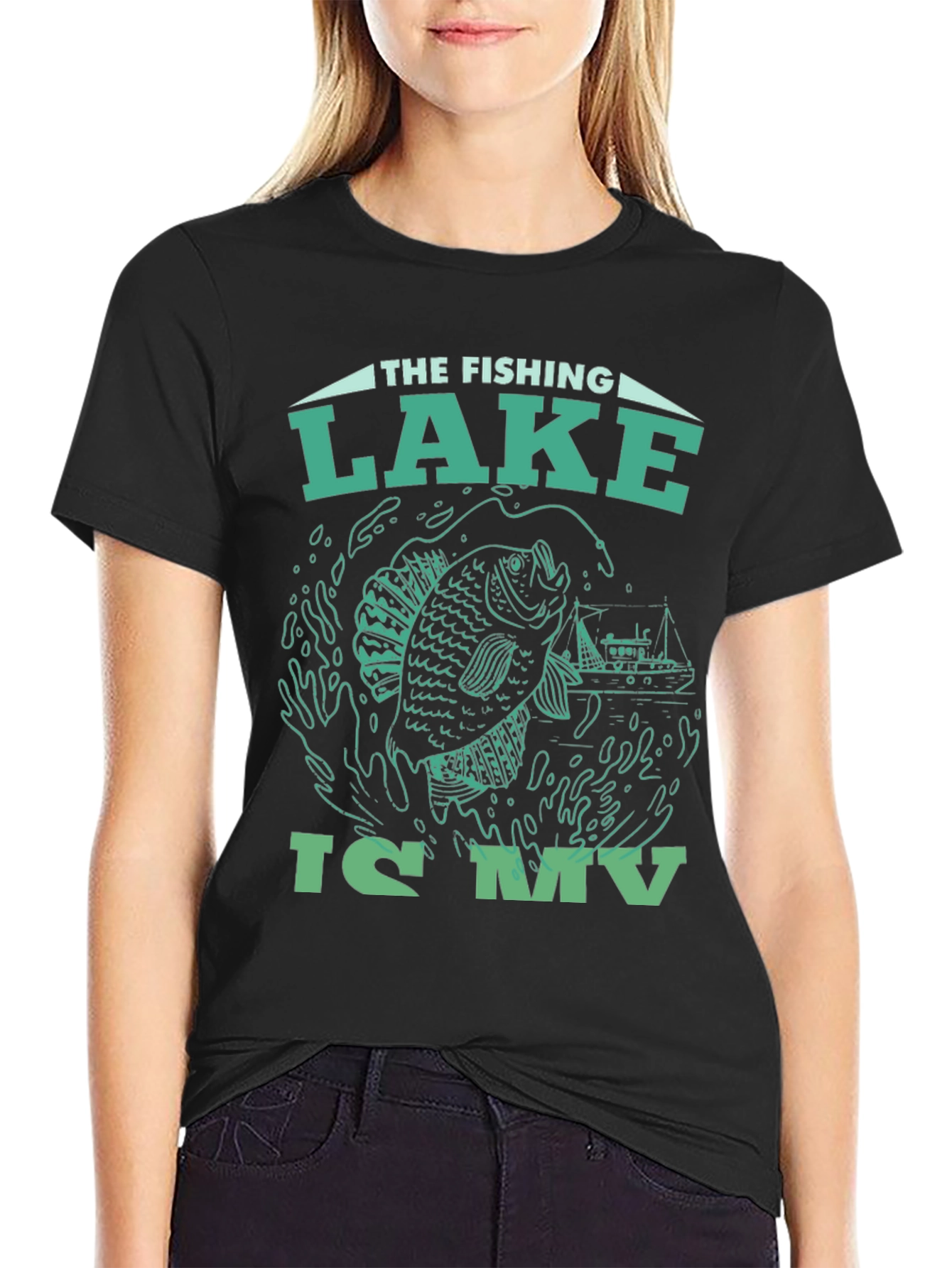 Fishing Lake Graphic Tee - Black Cotton T-Shirt