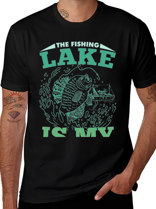 Fishing Lake Graphic Tee - Black Cotton T-Shirt