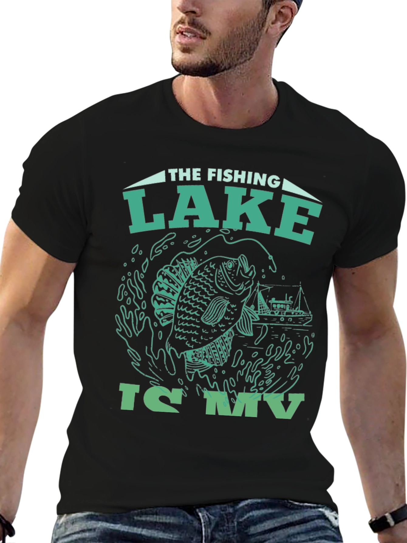 Fishing Lake Graphic Tee - Black Cotton T-Shirt