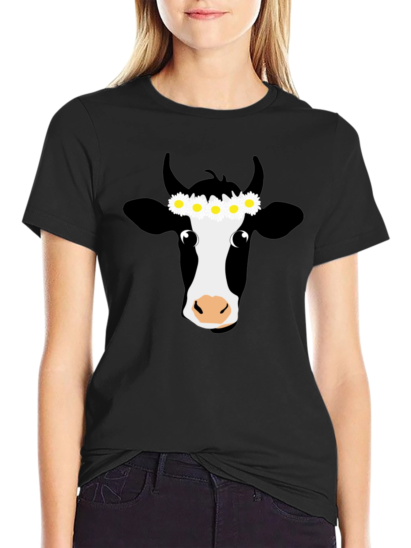 Daisy Cow Graphic Tee - Black Cotton T-Shirt