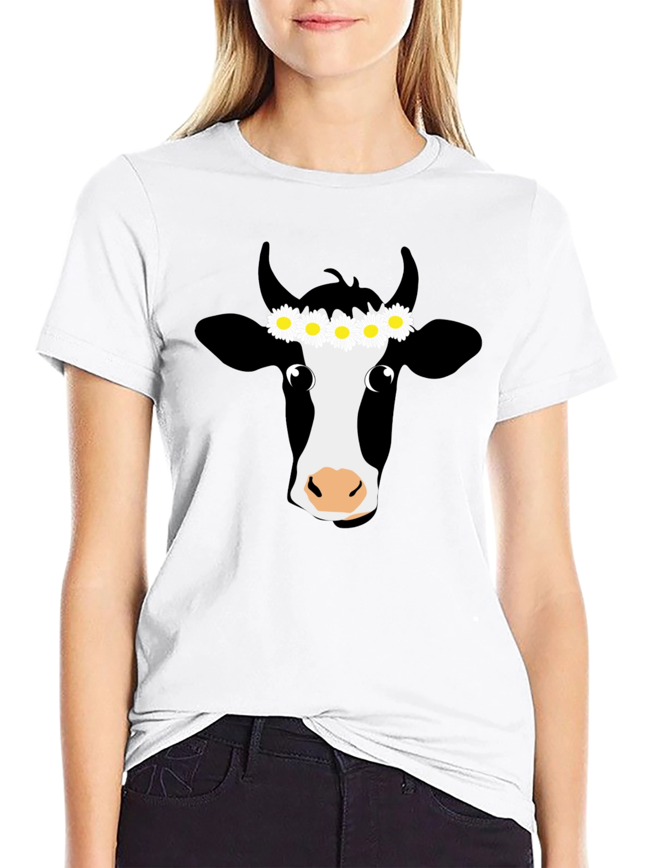 Daisy Cow Graphic Tee - Black Cotton T-Shirt