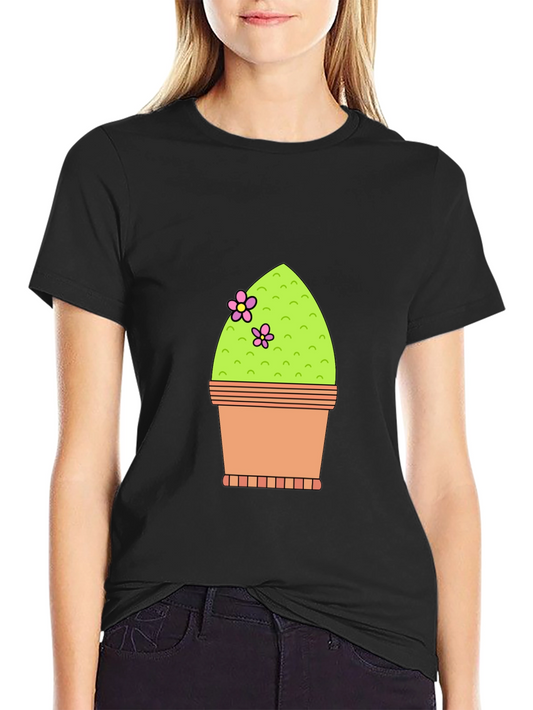 Cactus Flower Pot Graphic Tee - Black Cotton T-Shirt