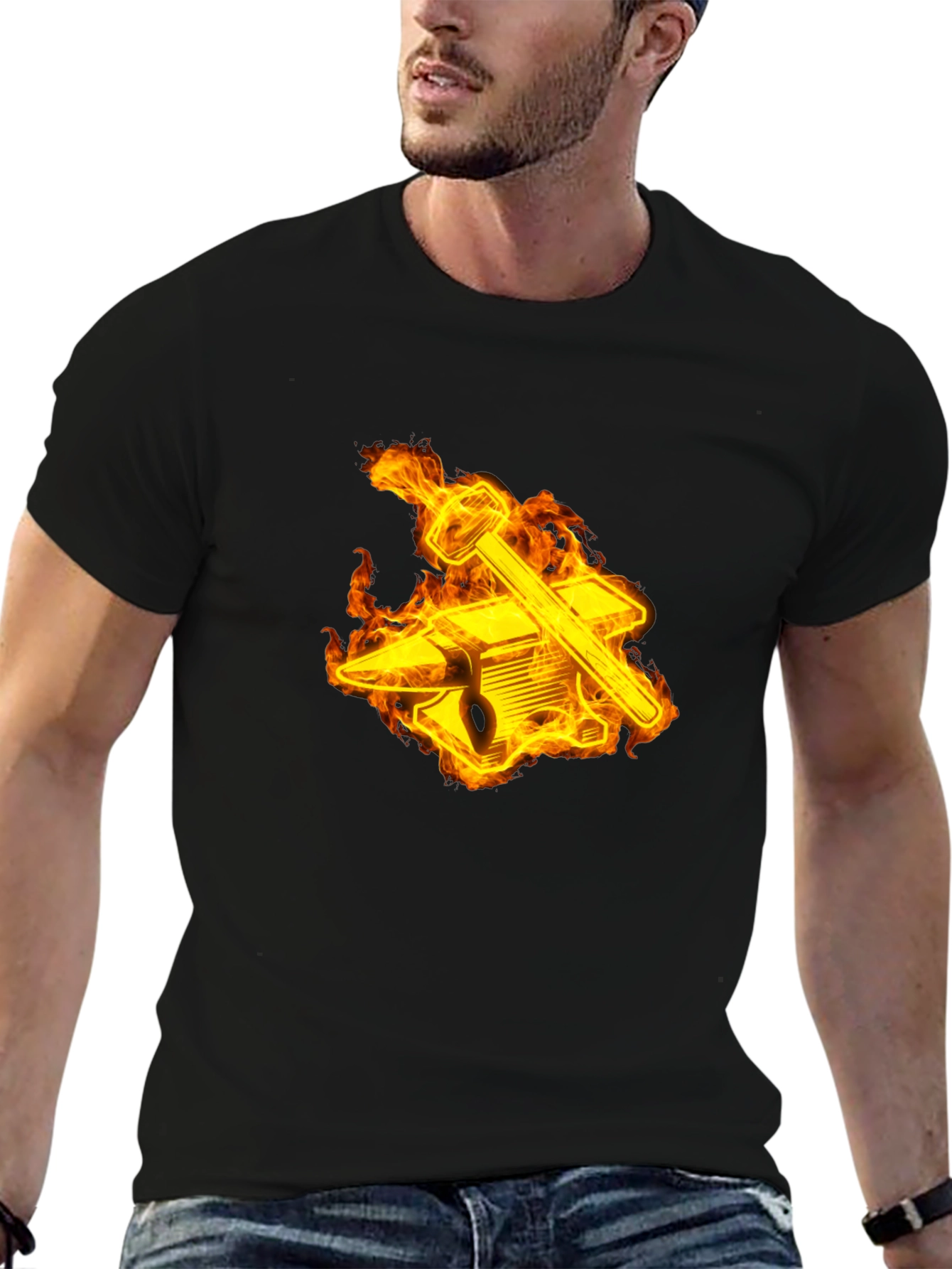 Fiery Blacksmith T-Shirt - Anvil & Hammer Design
