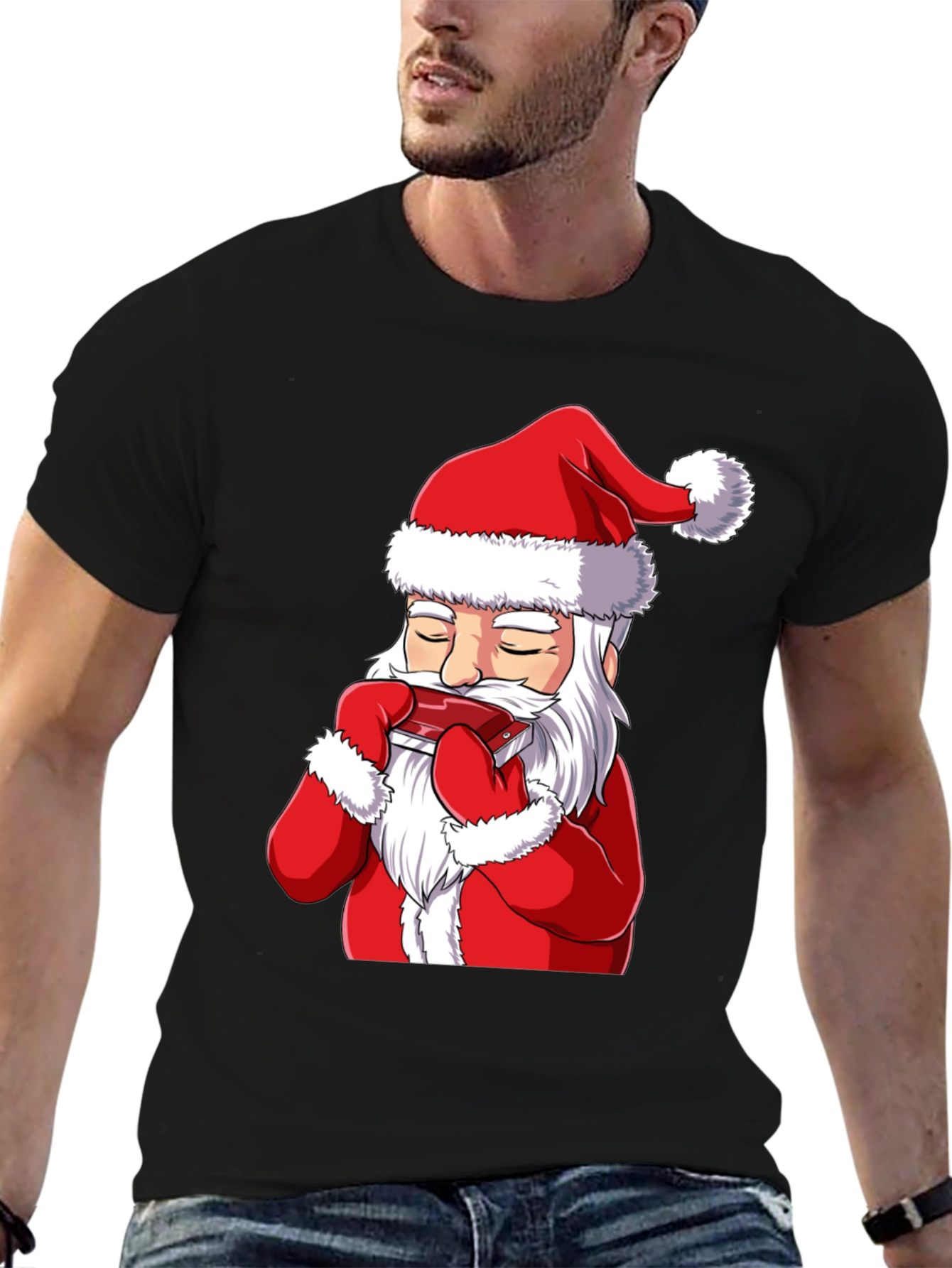 Santa Claus Harmonica Player Graphic T-Shirt
