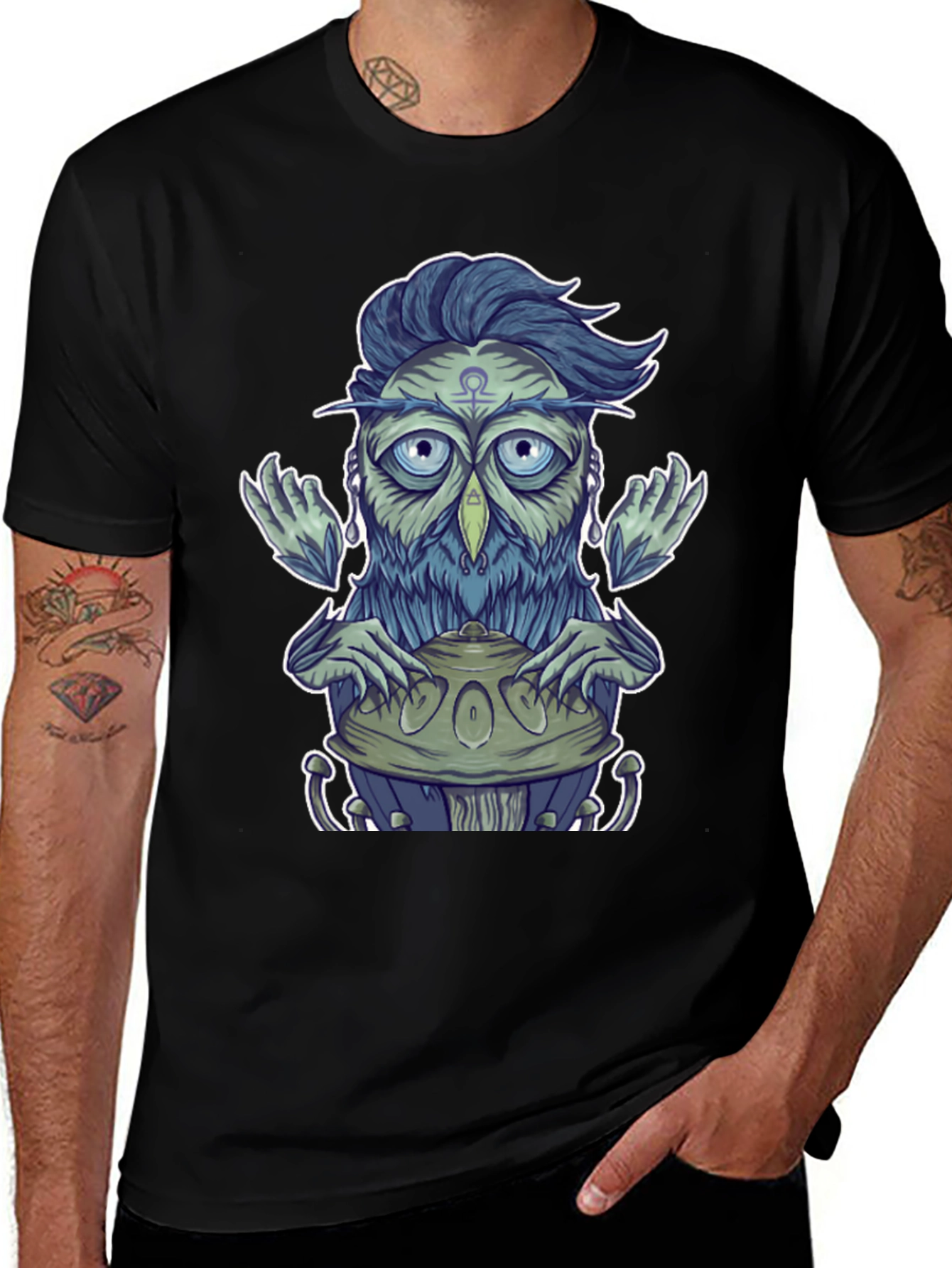 Mystical Owl Musician Graphic Tee - Black