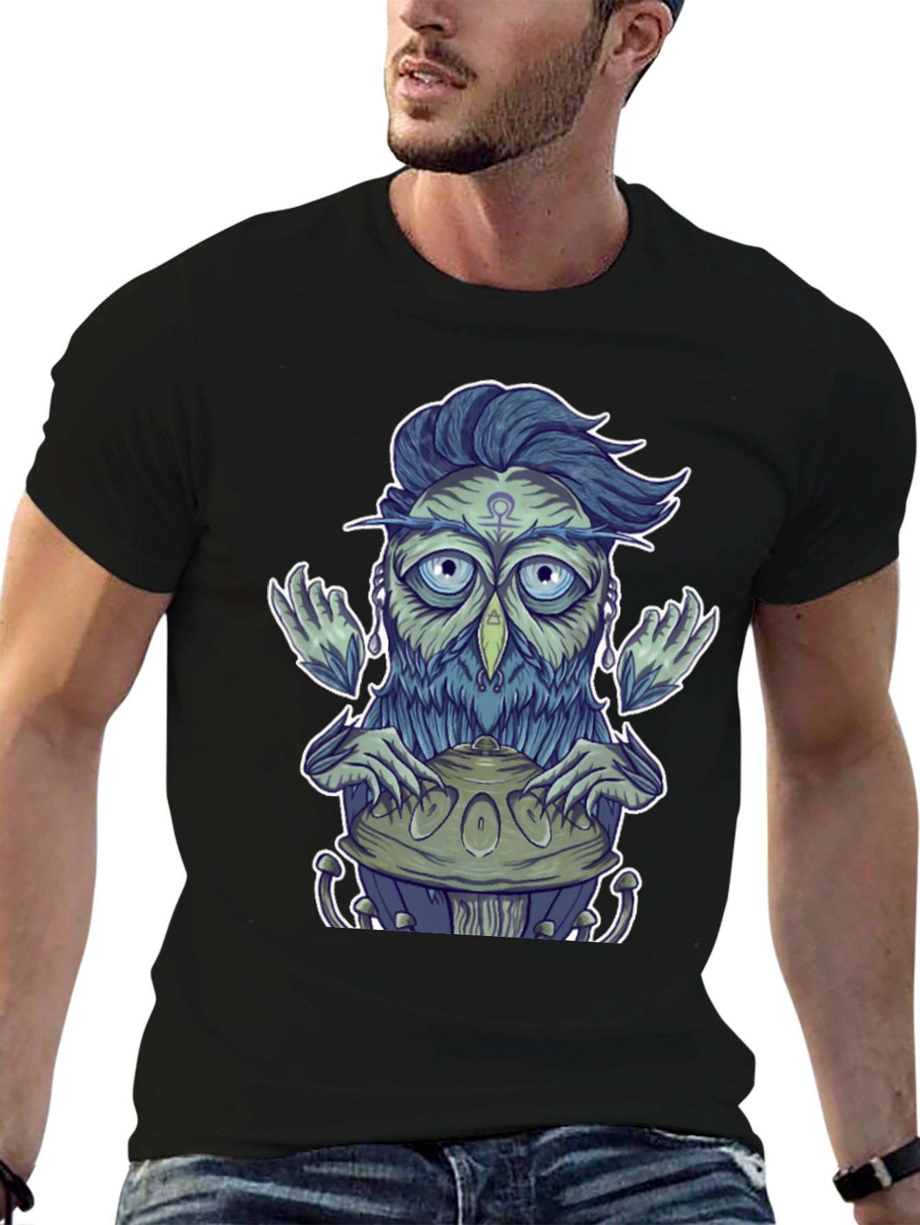 Mystical Owl Musician Graphic Tee - Black