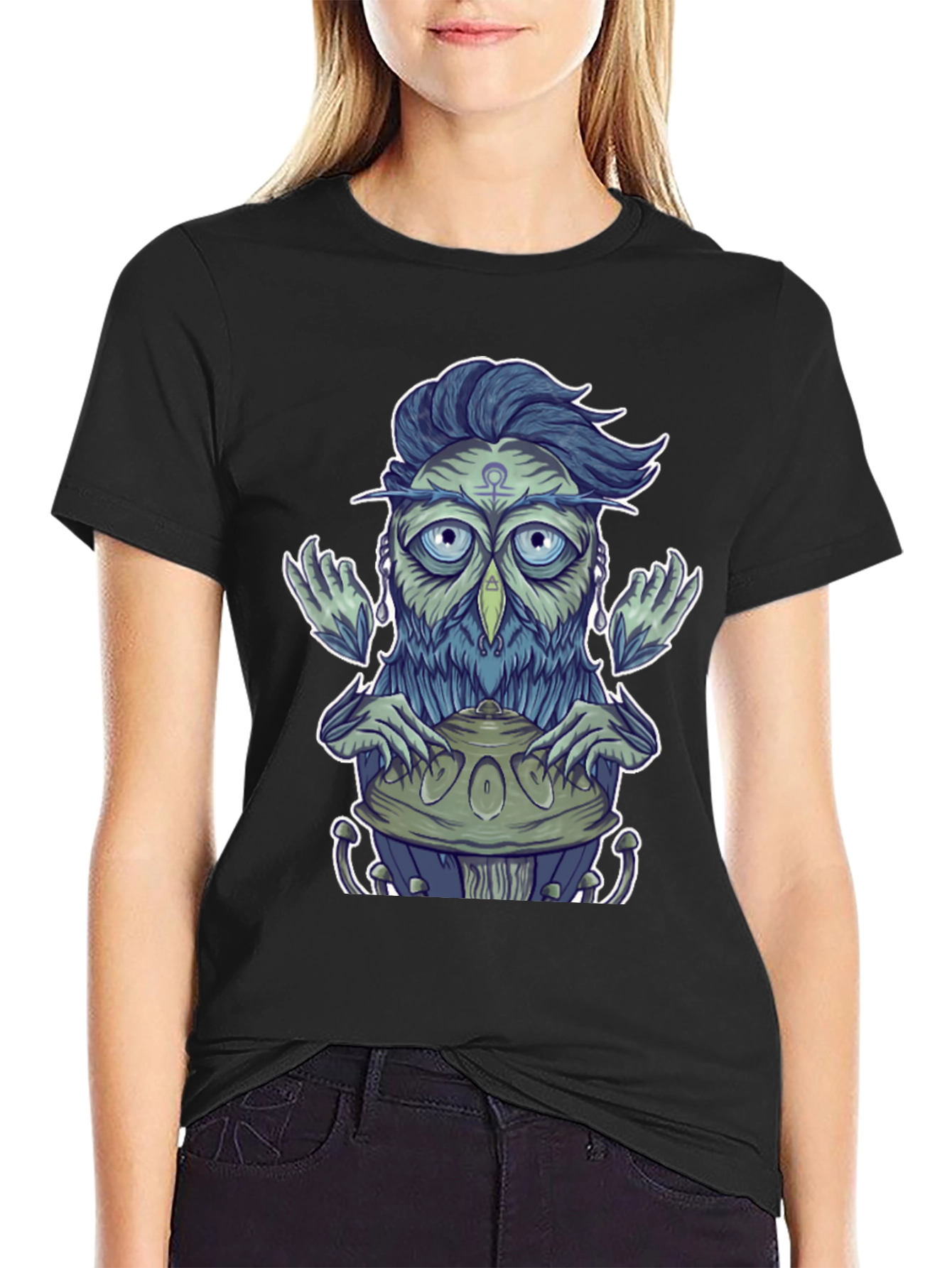 Mystical Owl Musician Graphic Tee - Black
