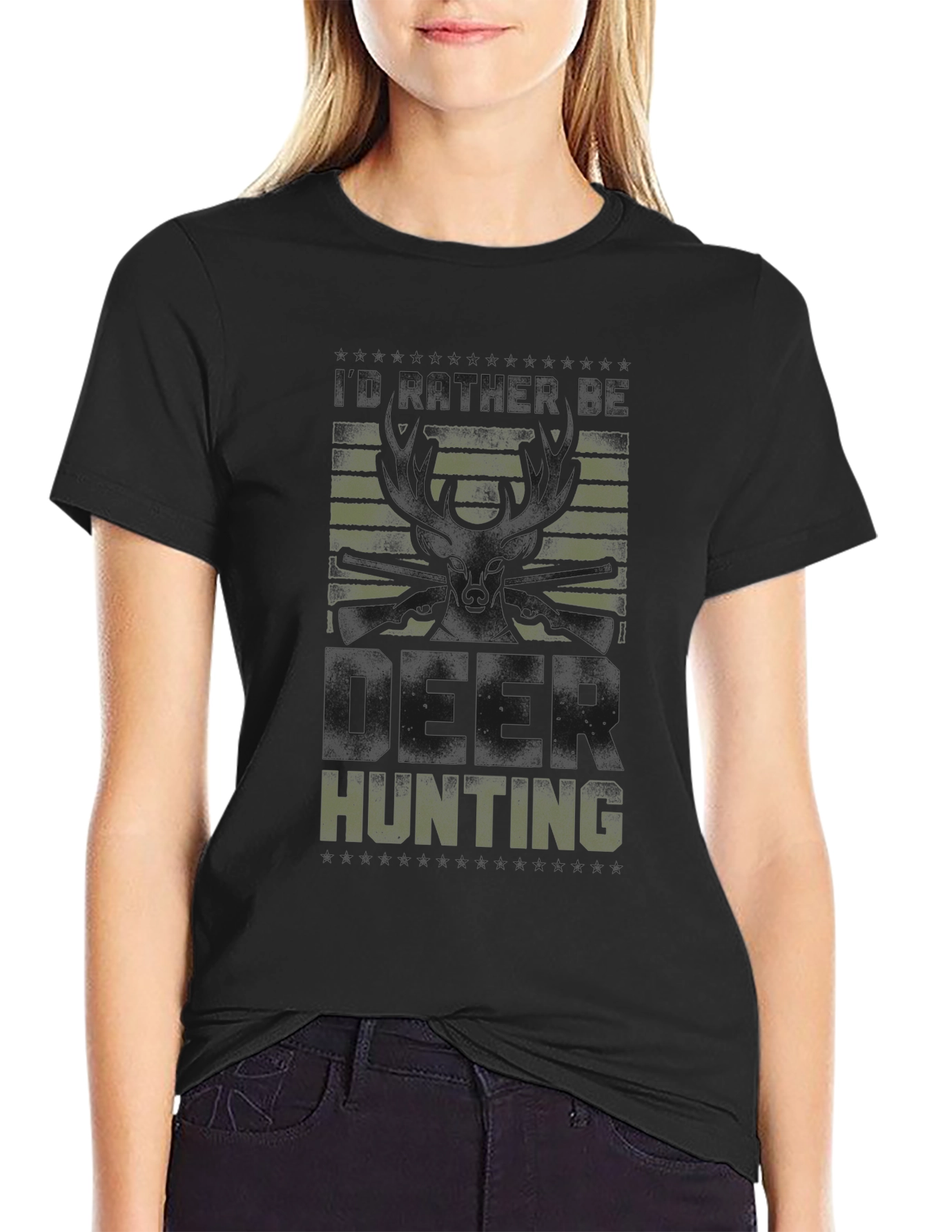 Deer Hunting Graphic Tee - Black Crew Neck