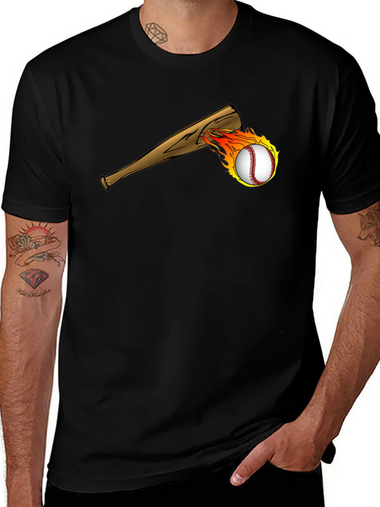 Flaming Baseball Bat Graphic Tee - Black