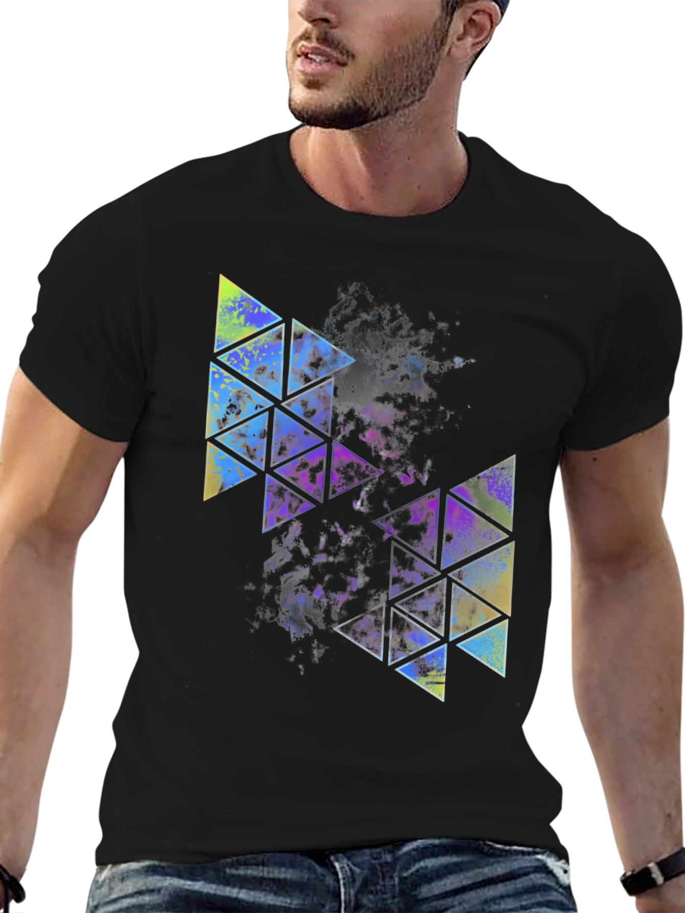 Abstract Geometric Triangle Print Mens Black Tee