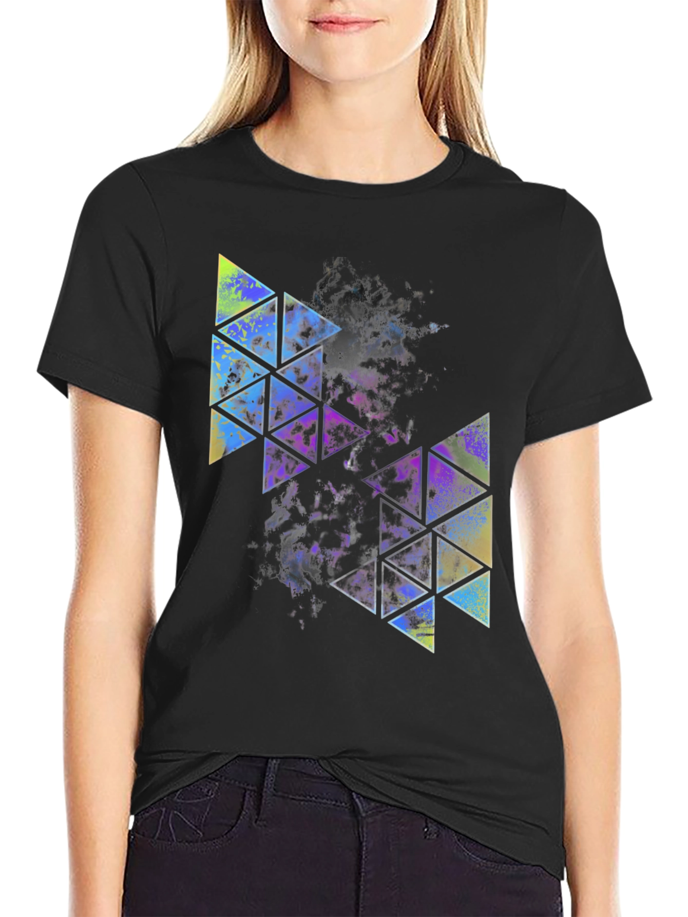 Abstract Geometric Triangle Print Mens Black Tee