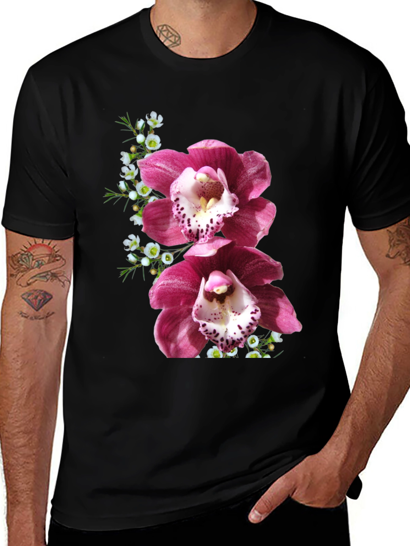 Floral Orchid Print Black T-Shirt