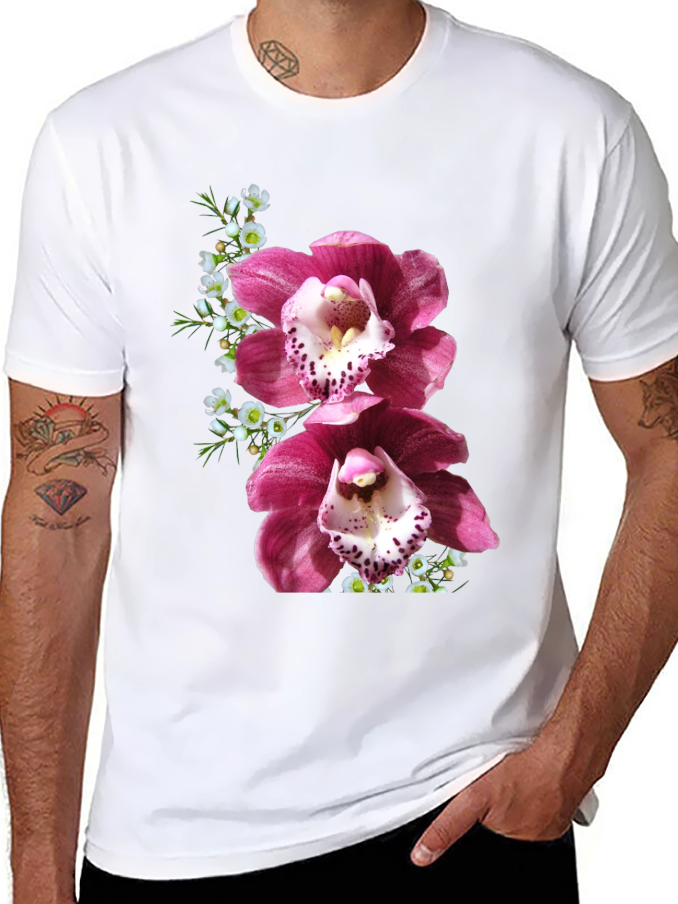 Floral Orchid Print Black T-Shirt