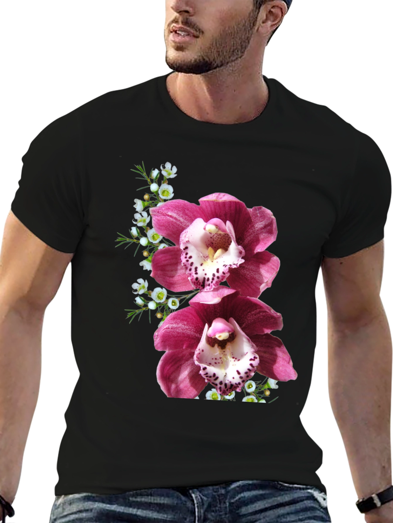 Floral Orchid Print Black T-Shirt