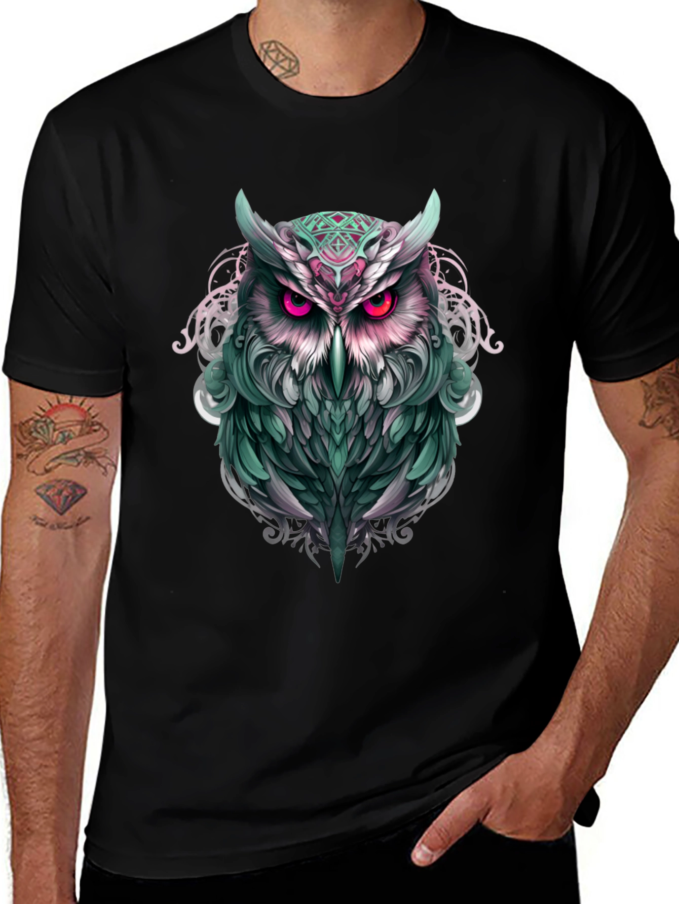 Mens Black Owl Graphic Tee - Edgy Print
