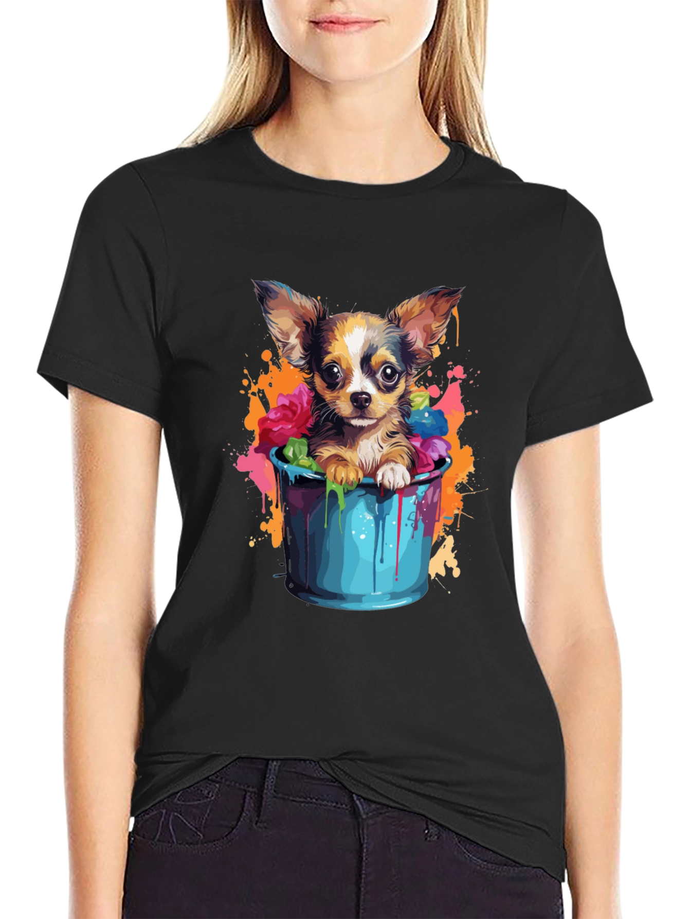 Cute Chihuahua in Bucket Graphic Tee - Black