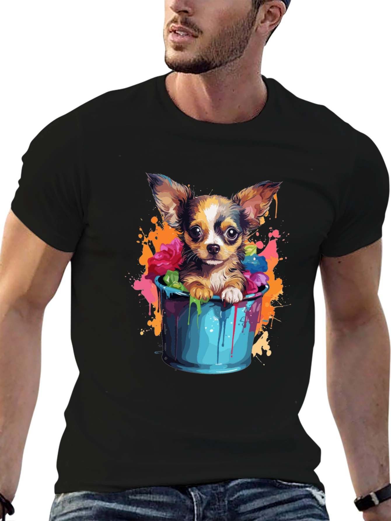 Cute Chihuahua in Bucket Graphic Tee - Black