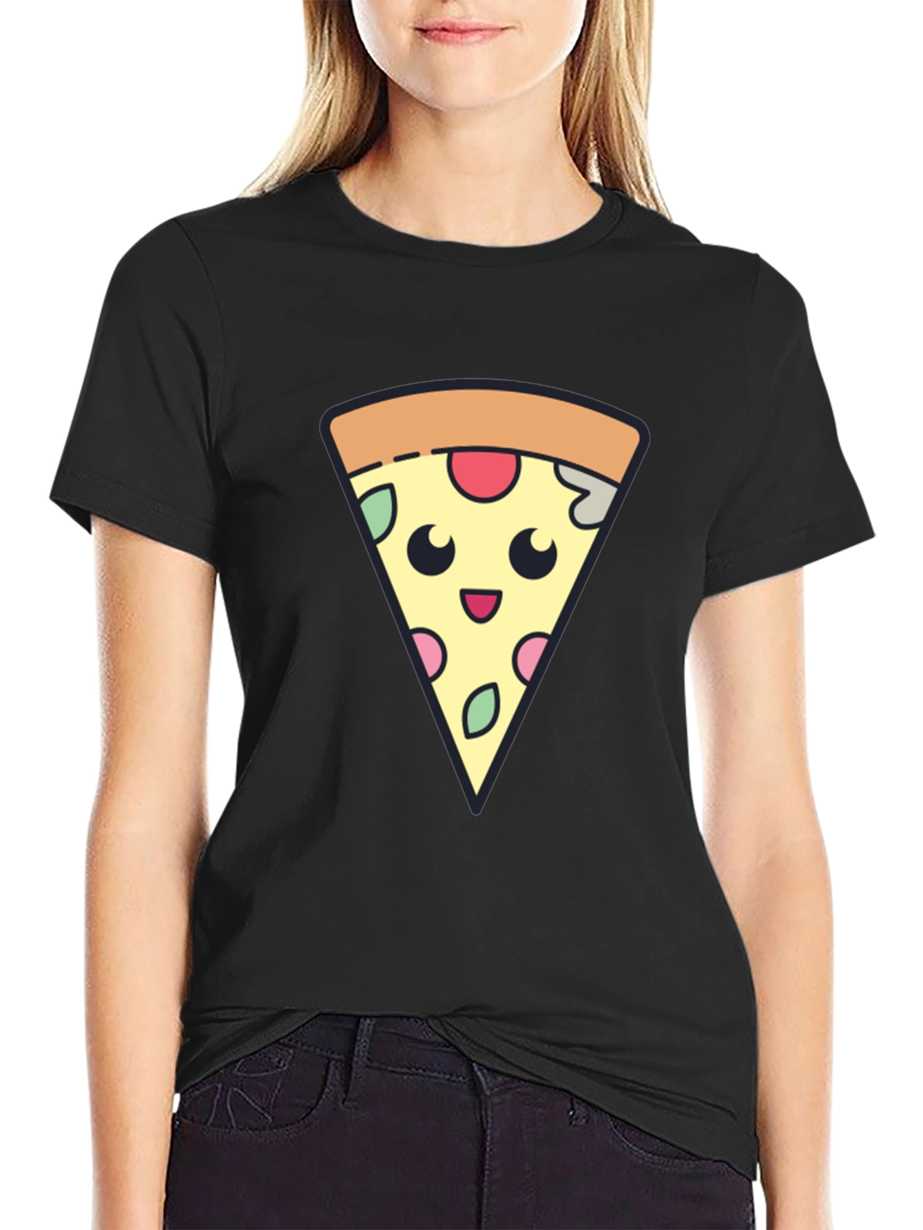Cute Pizza Slice Graphic Tee - Black T-Shirt