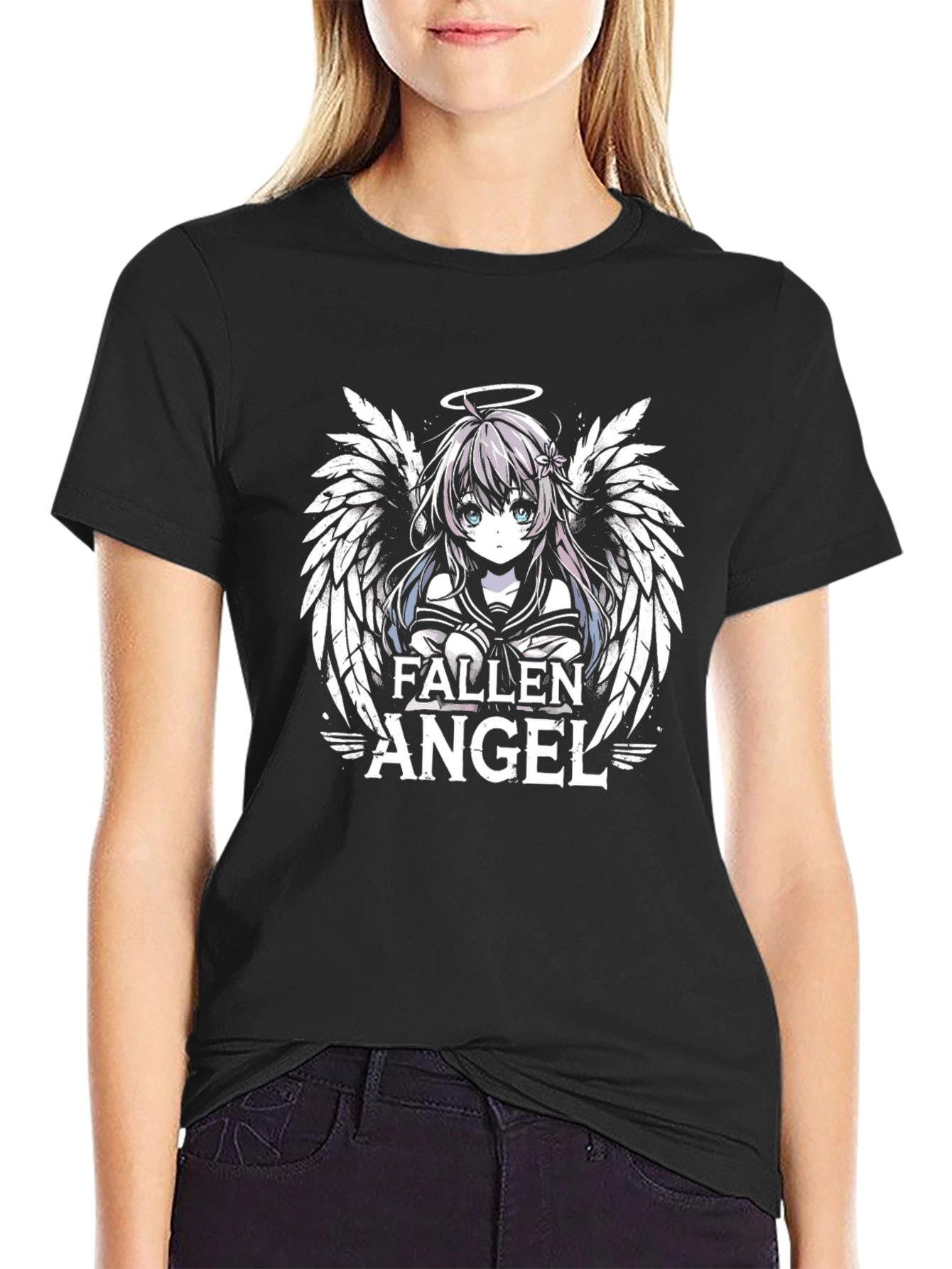 Fallen Angel Anime Graphic Print Black T-Shirt