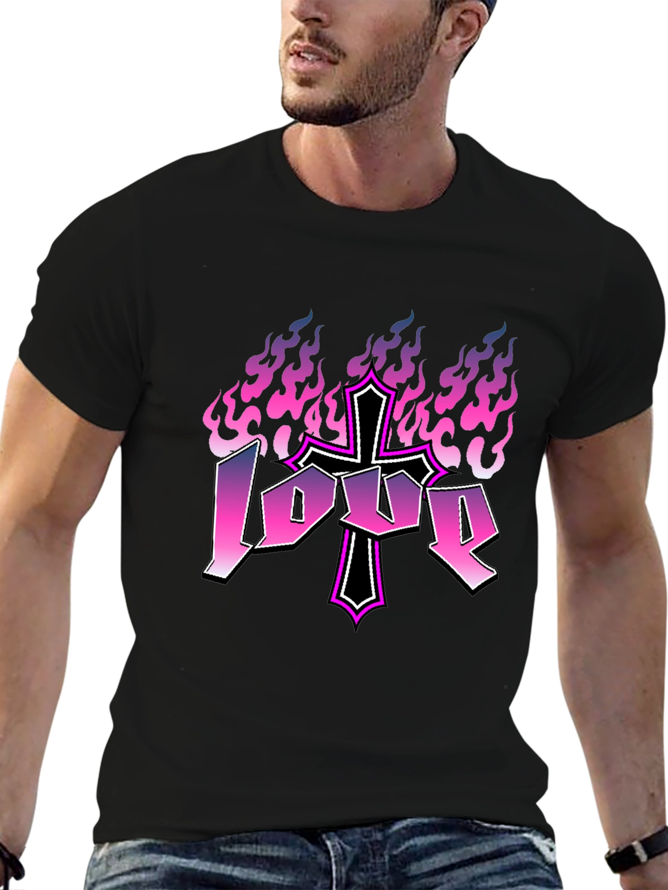 Love Cross Flames Graphic Tee - Black