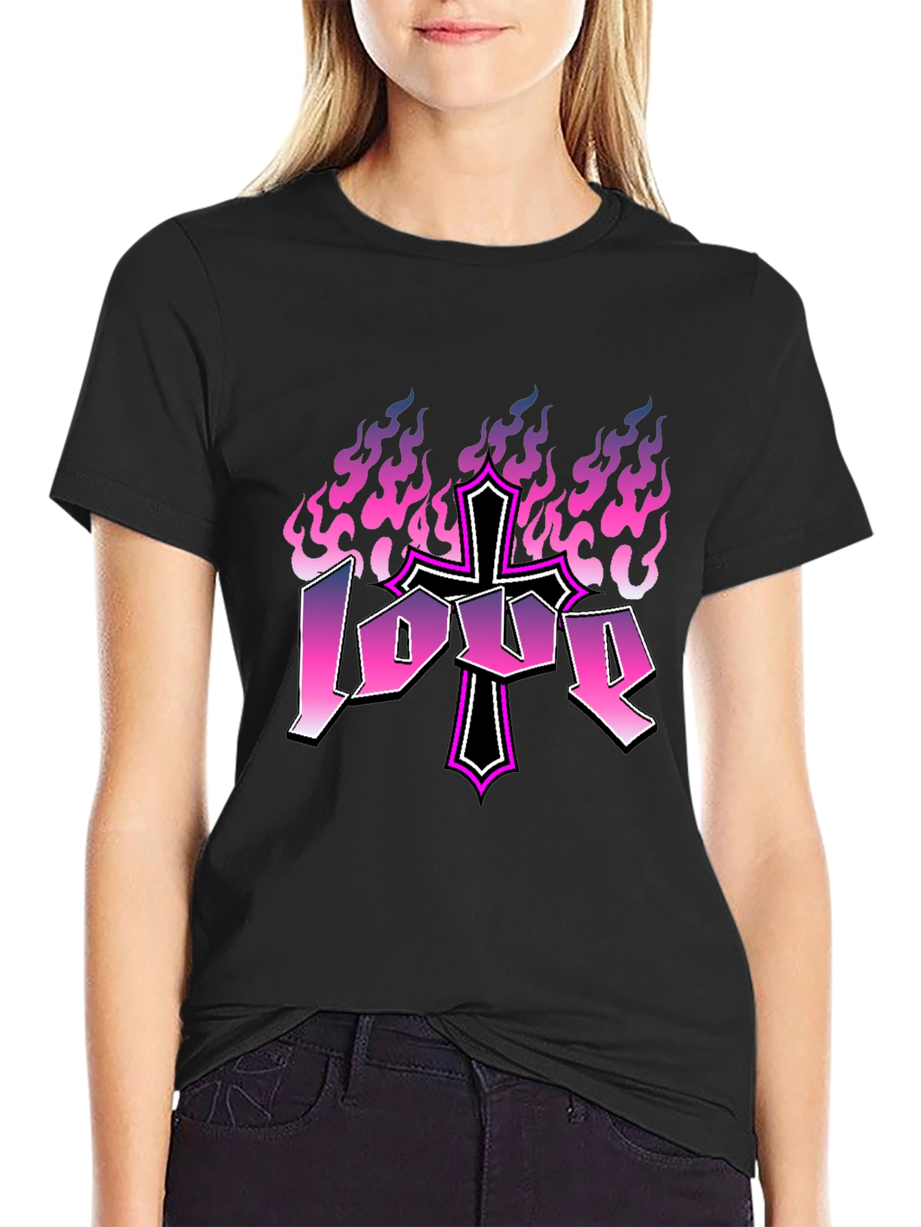 Love Cross Flames Graphic Tee - Black