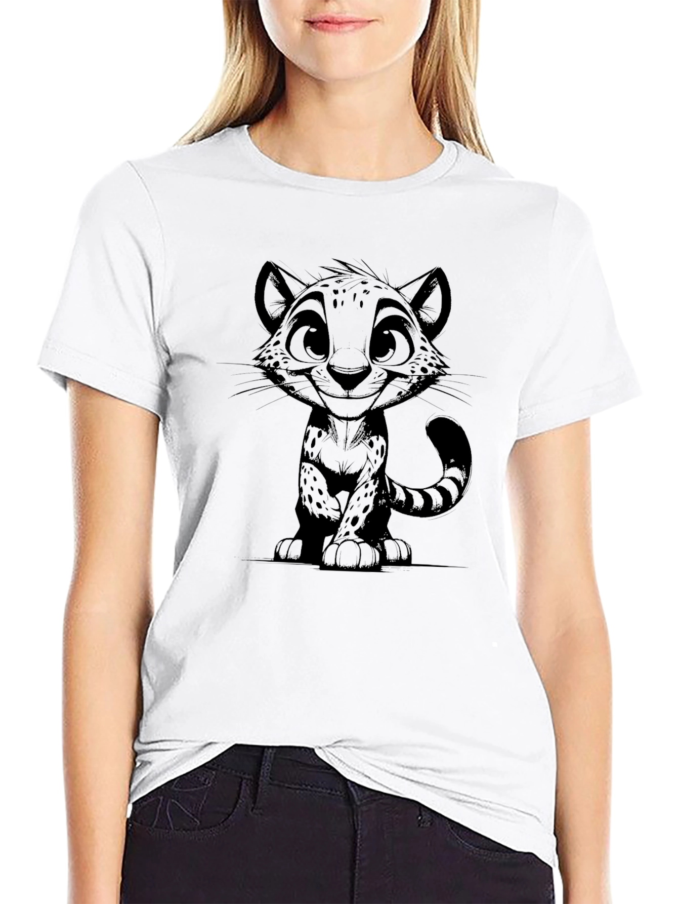 Cartoon Cat Print T-Shirt - Black