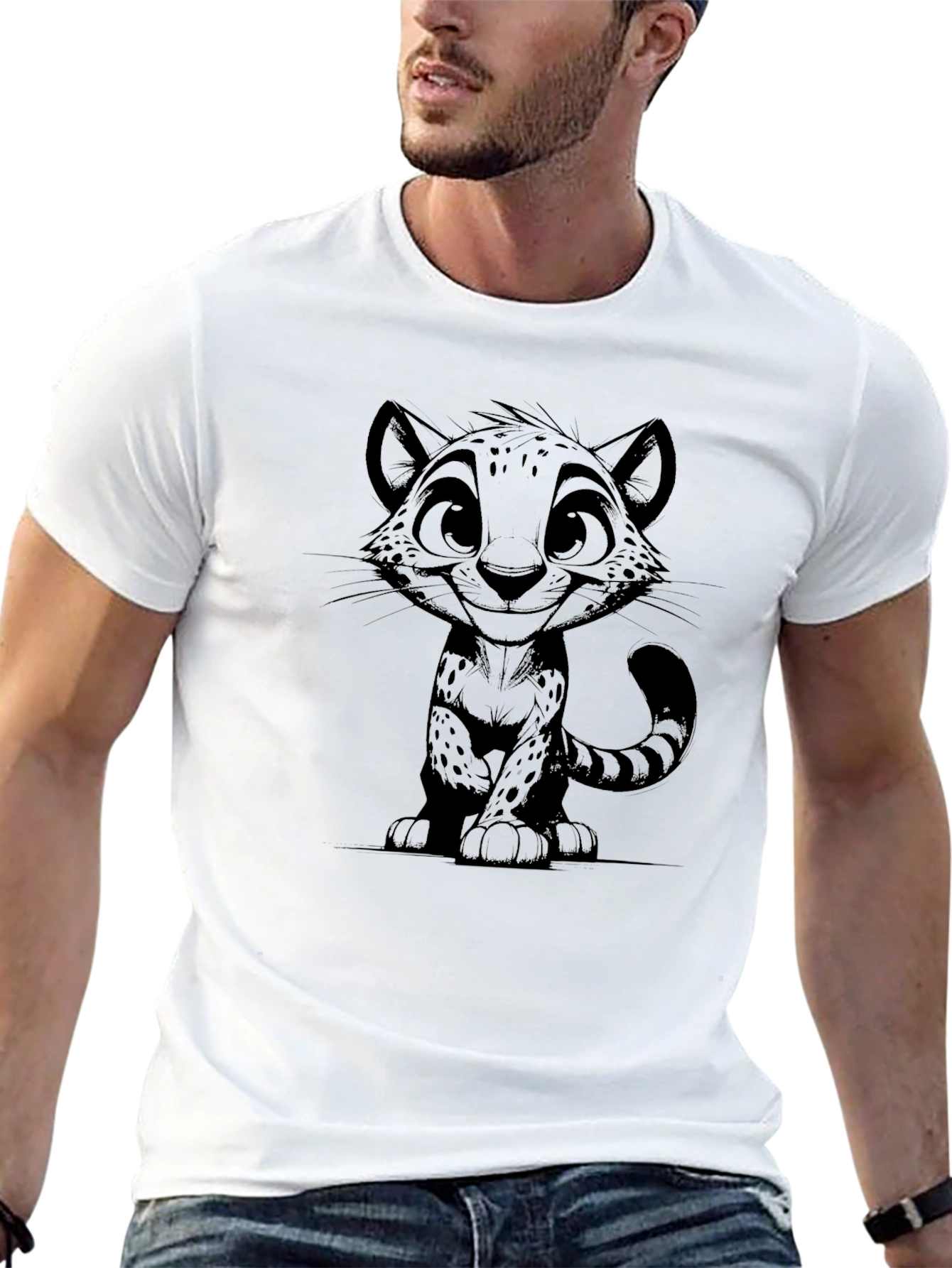 Cartoon Cat Print T-Shirt - Black