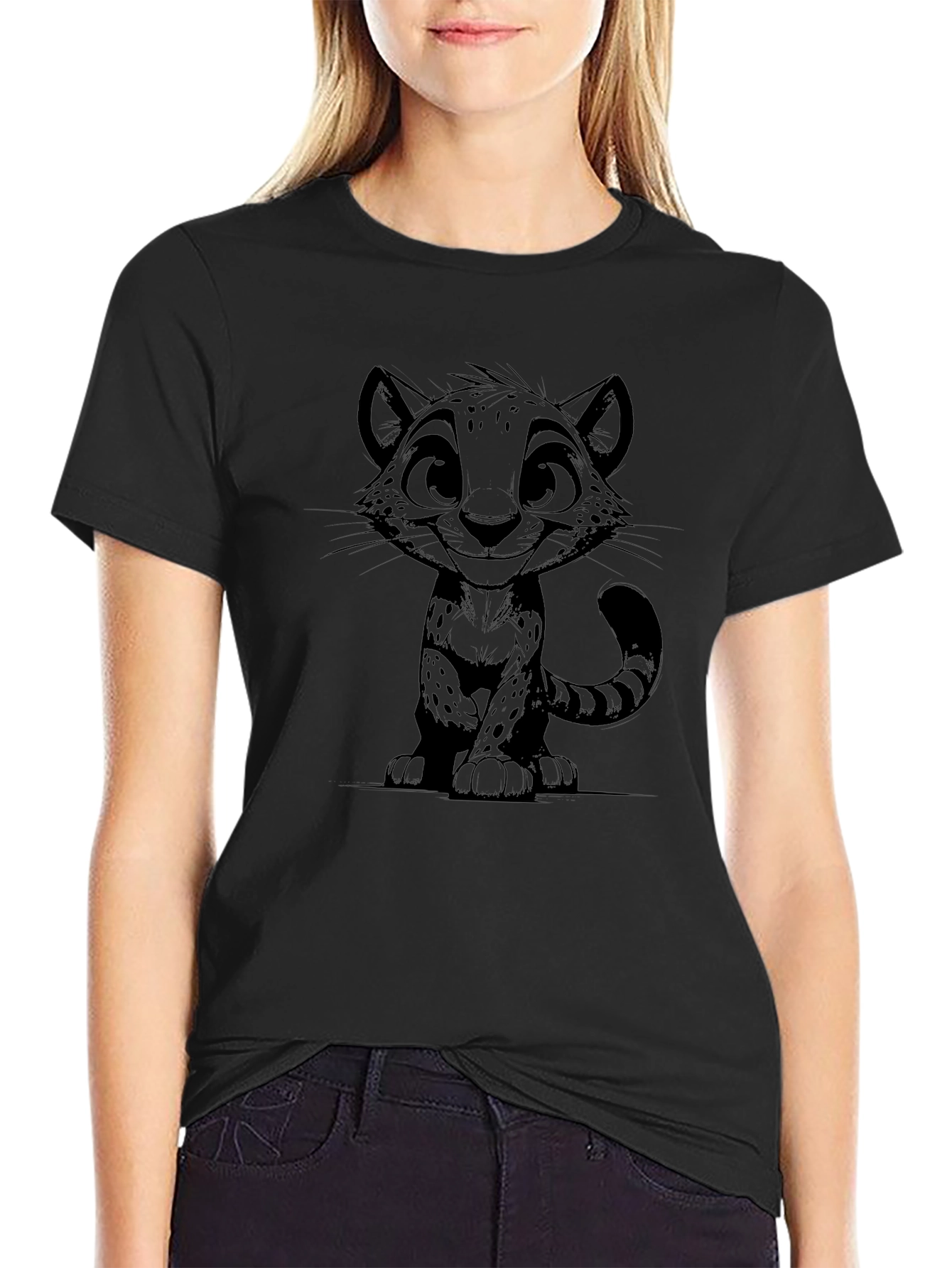 Cartoon Cat Print T-Shirt - Black