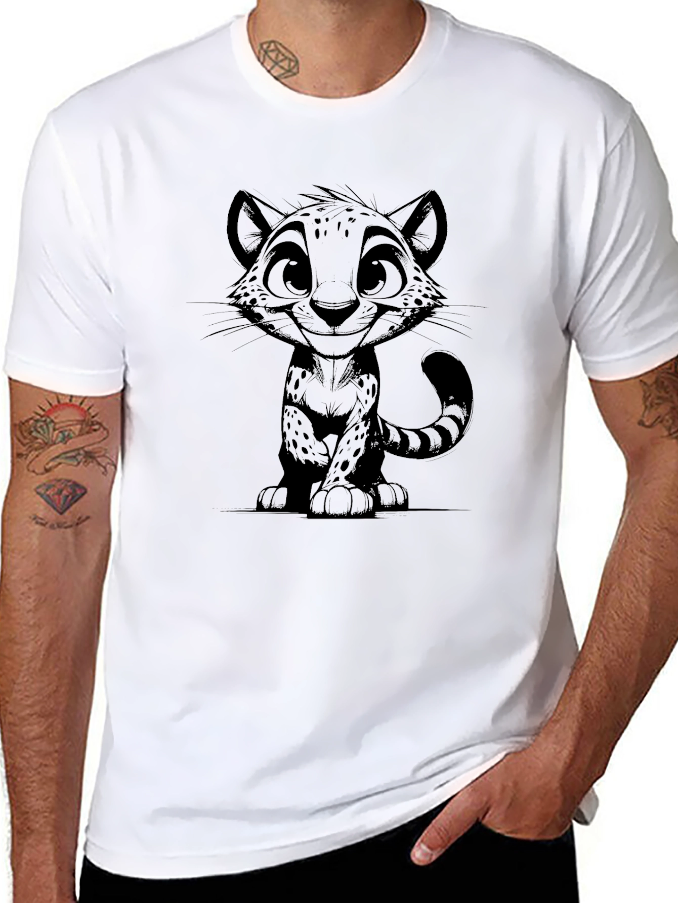 Cartoon Cat Print T-Shirt - Black