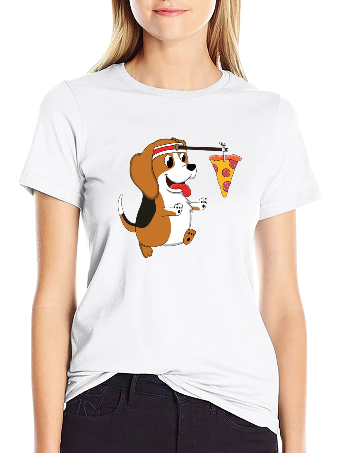 Cartoon Dog Pizza Lover Black T-Shirt