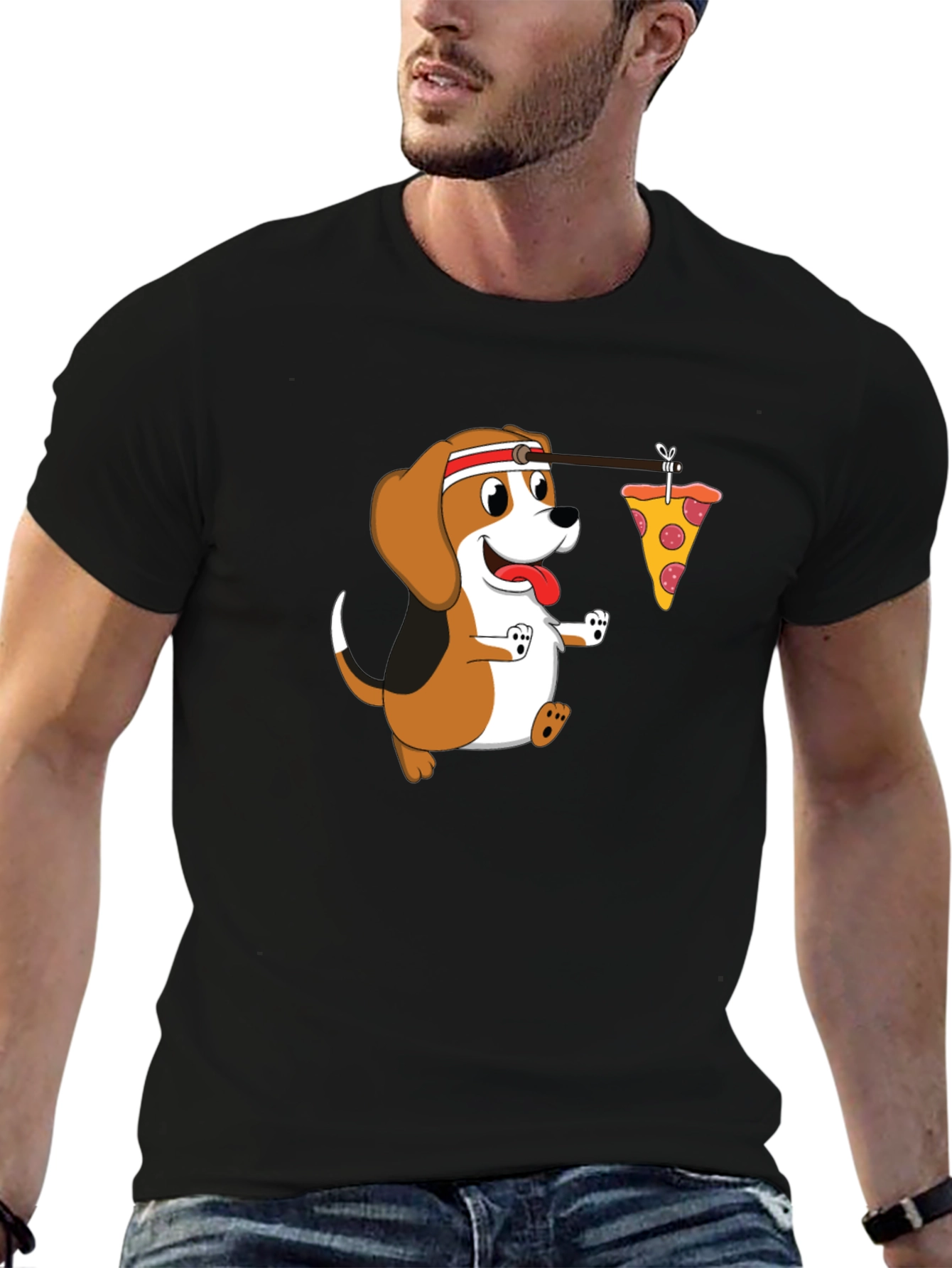 Cartoon Dog Pizza Lover Black T-Shirt