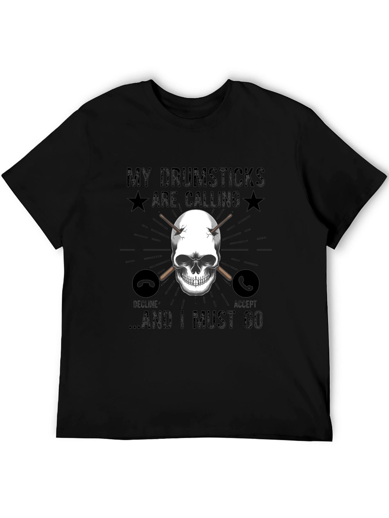 Drumsticks Calling Skull Graphic T-Shirt - Black