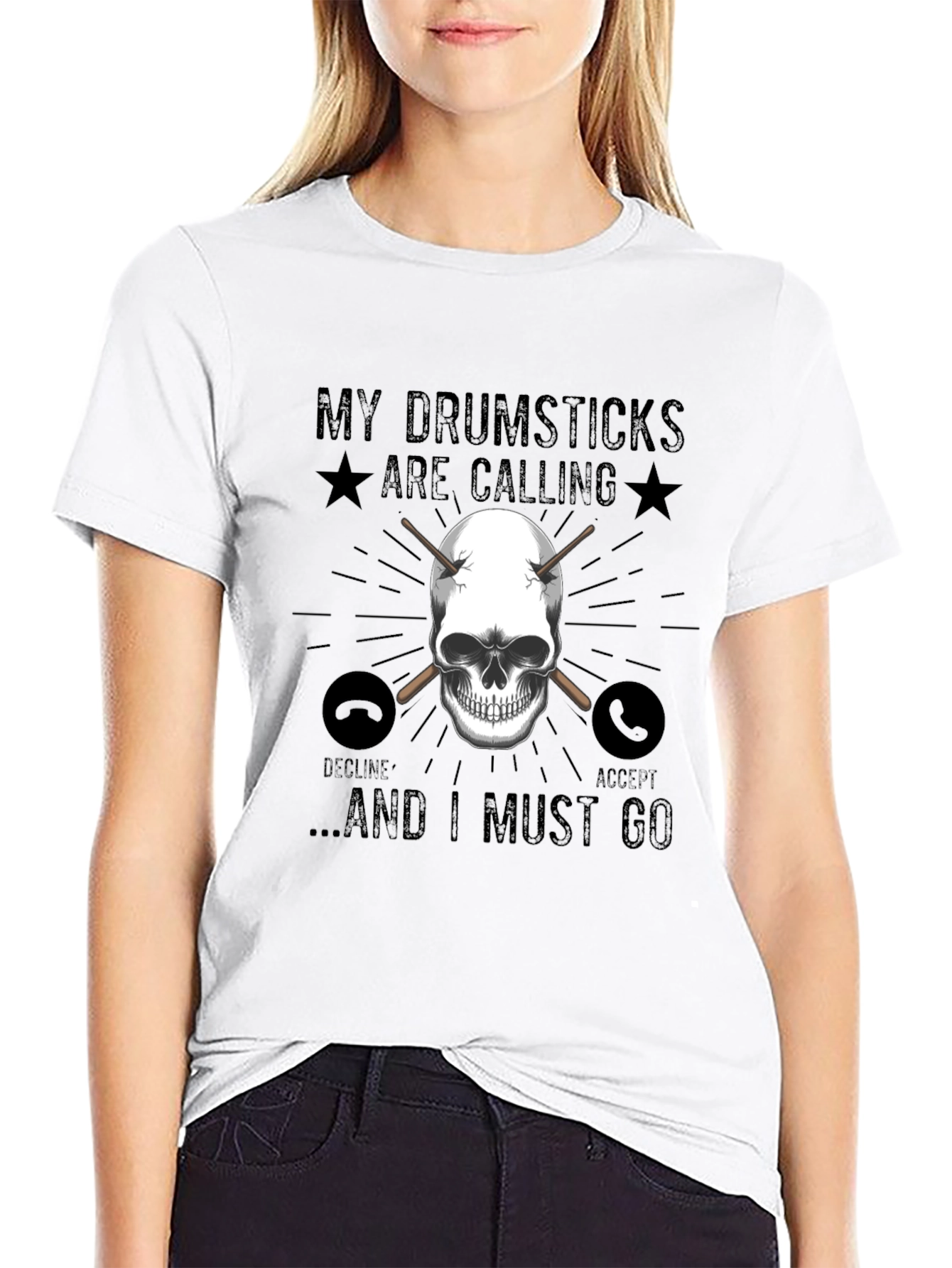 Drumsticks Calling Skull Graphic T-Shirt - Black