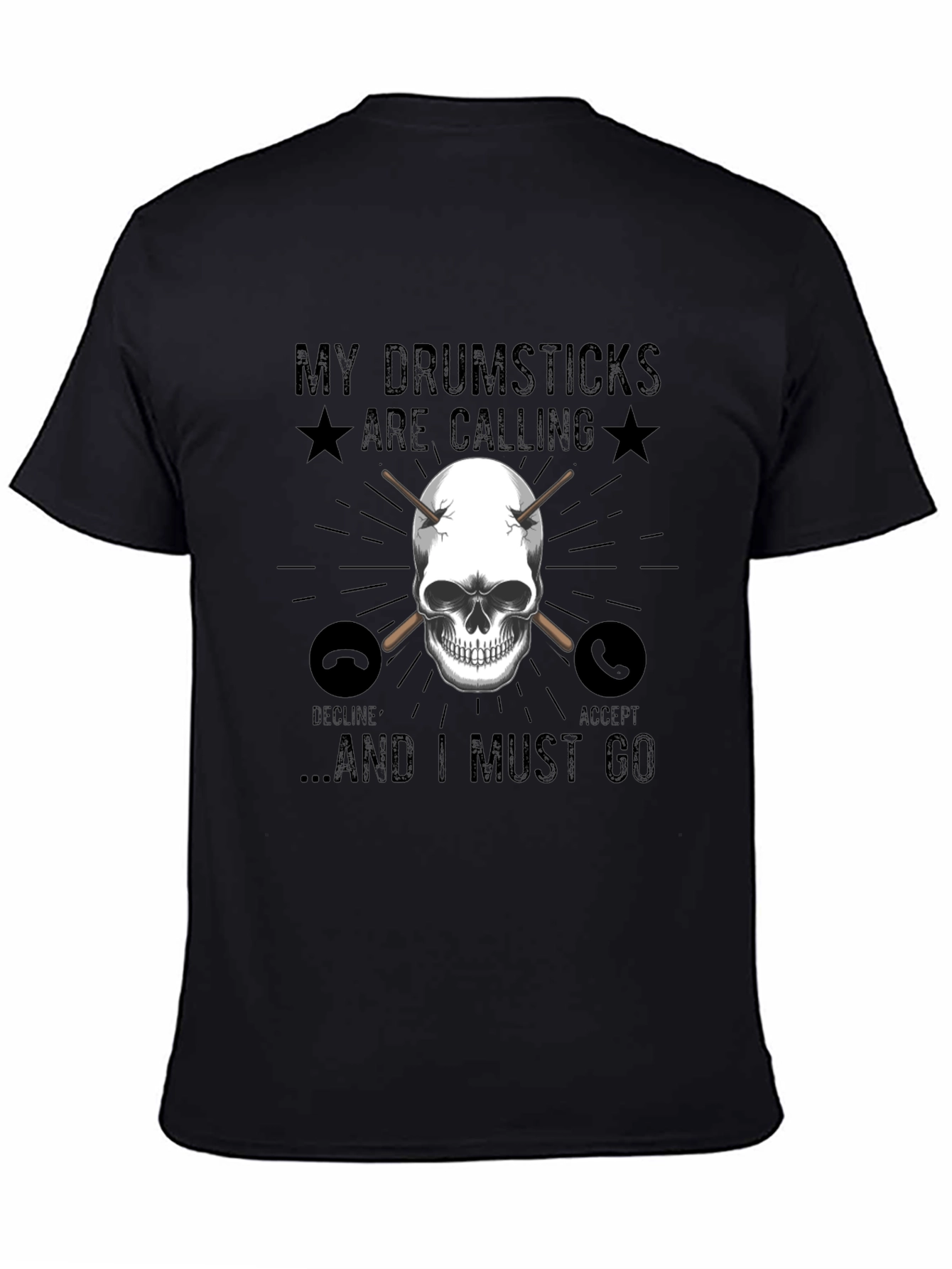 Drumsticks Calling Skull Graphic T-Shirt - Black