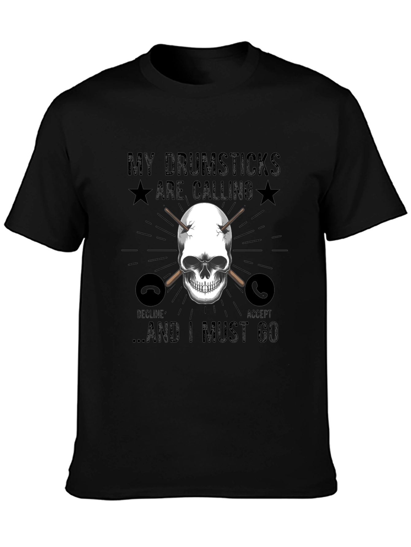 Drumsticks Calling Skull Graphic T-Shirt - Black