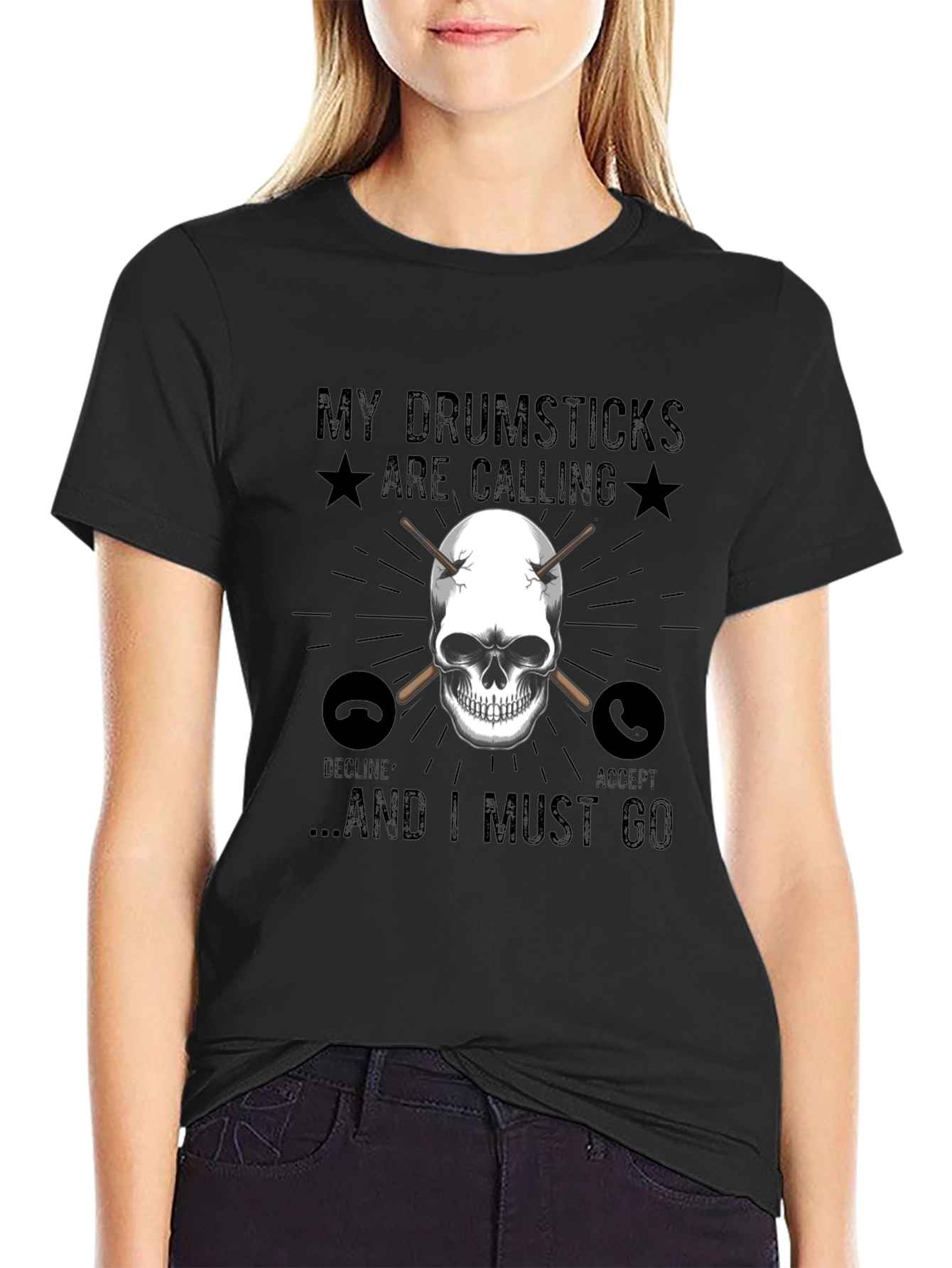 Drumsticks Calling Skull Graphic T-Shirt - Black