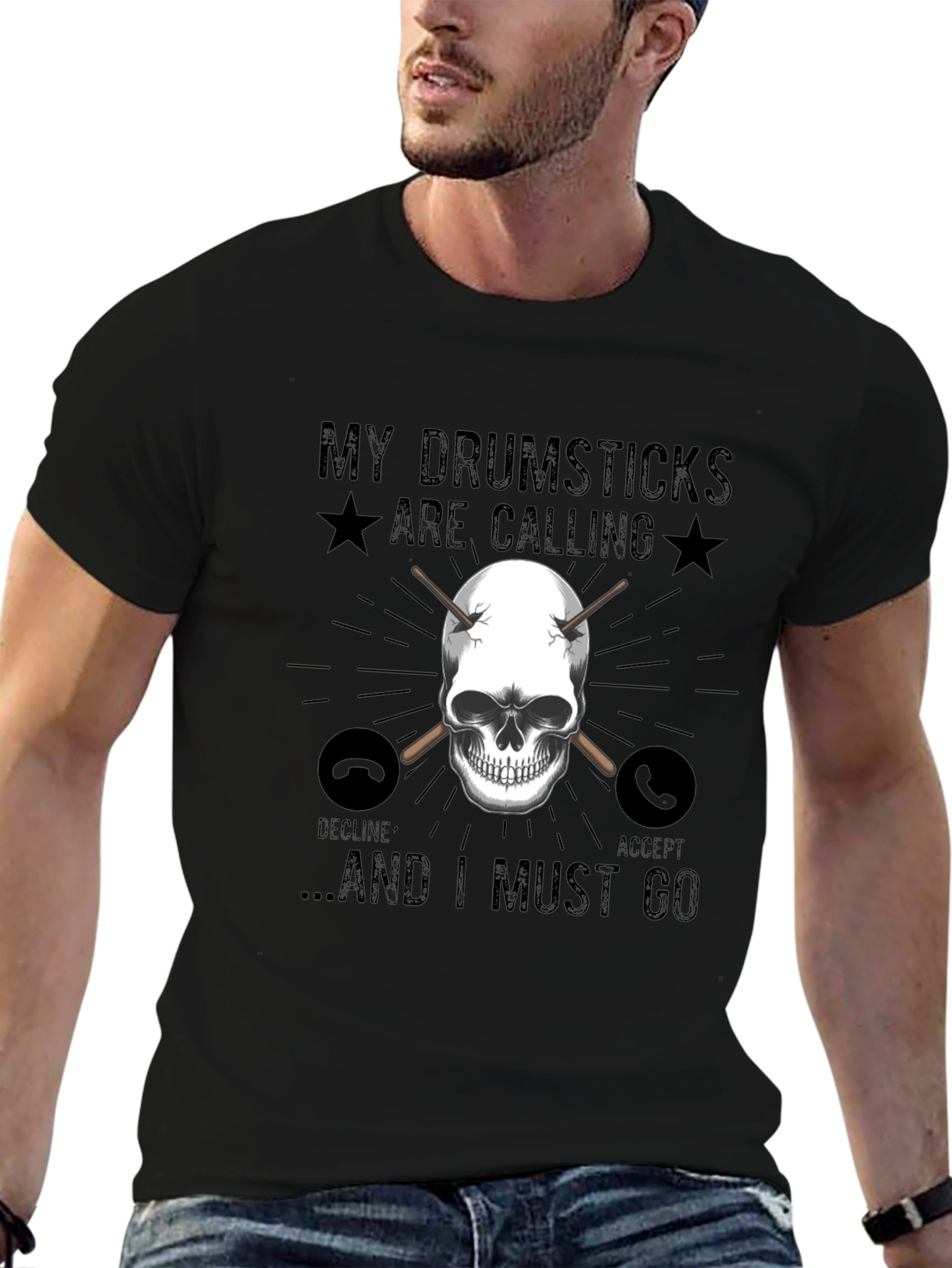 Drumsticks Calling Skull Graphic T-Shirt - Black