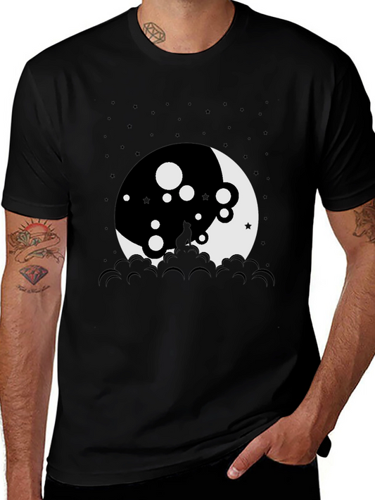 Moon Cat Graphic Tee - Black Cotton T-Shirt