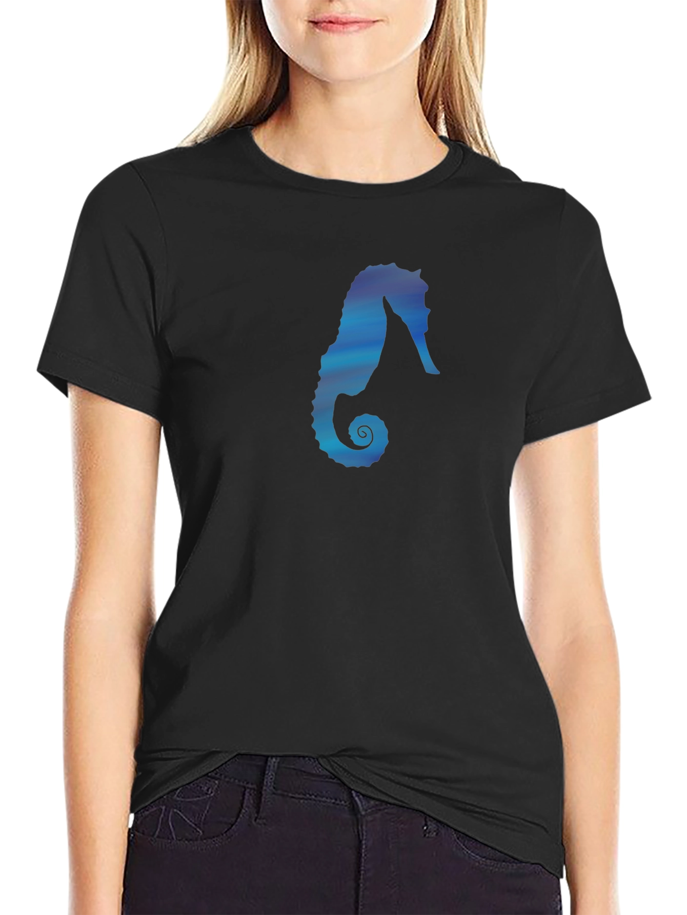 Seahorse Graphic Tee - Black Cotton Casual Top