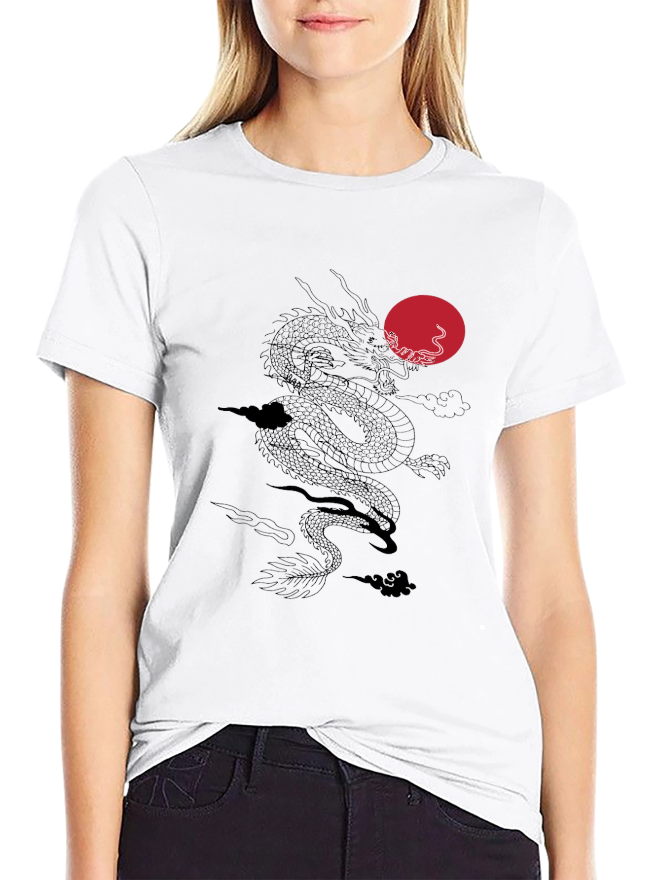 Dragon & Sun Graphic Tee - Black Casual T-Shirt