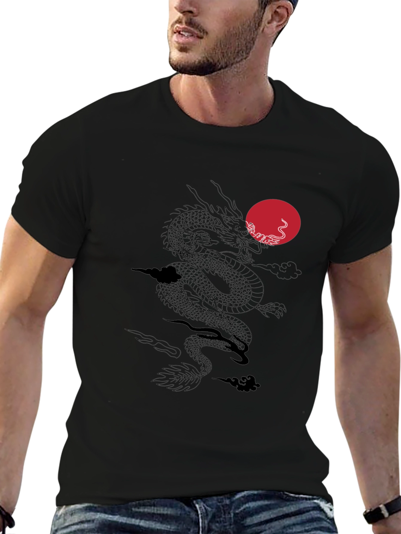 Dragon & Sun Graphic Tee - Black Casual T-Shirt