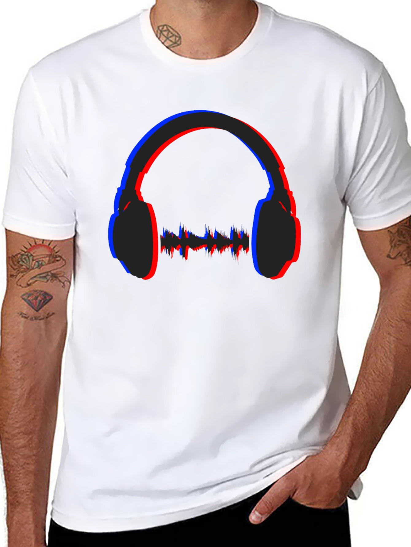 Stereoscopic Headphones Graphic Black T-Shirt