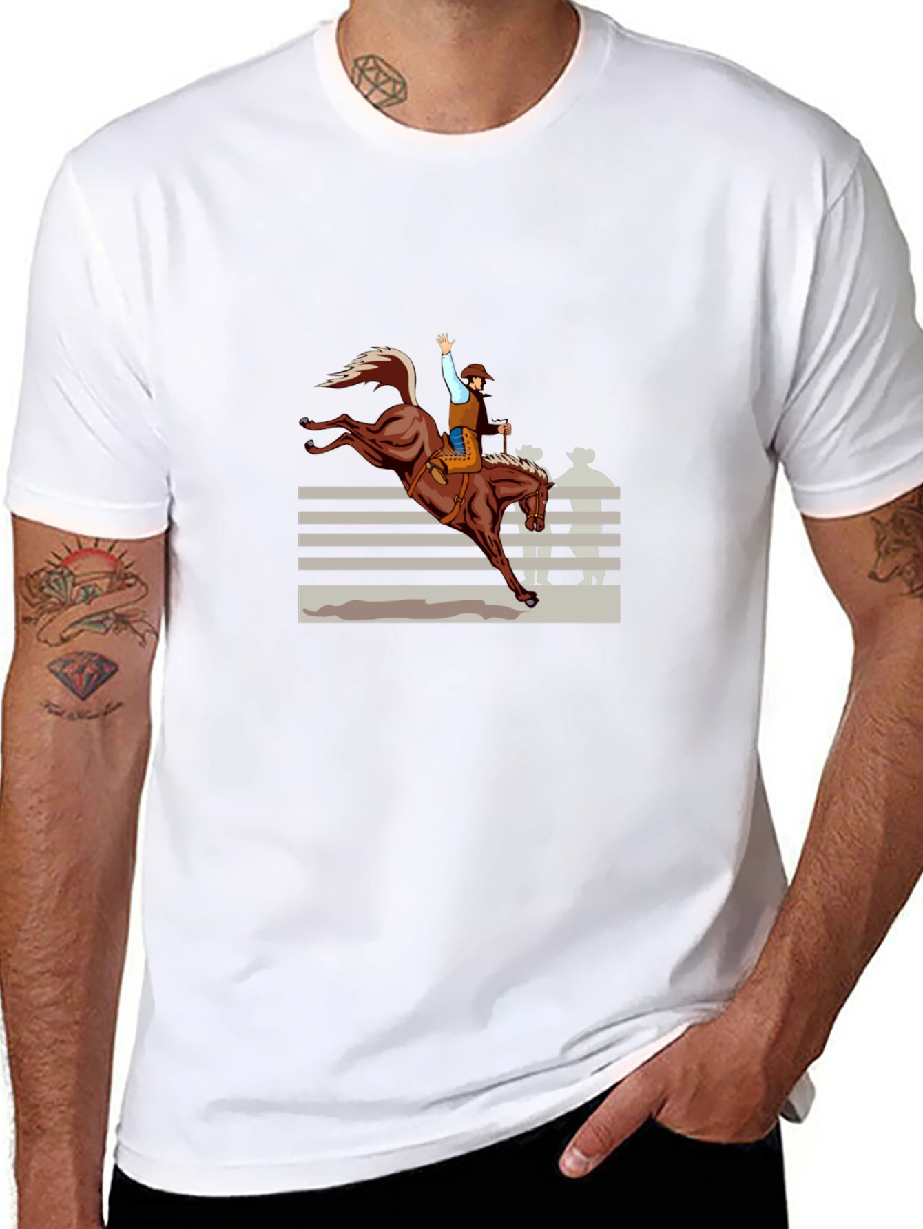 Cowboy Riding Bronco Mens Black T-Shirt