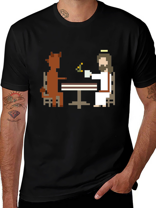 Retro Jesus and Devil Pixel Art T-Shirt