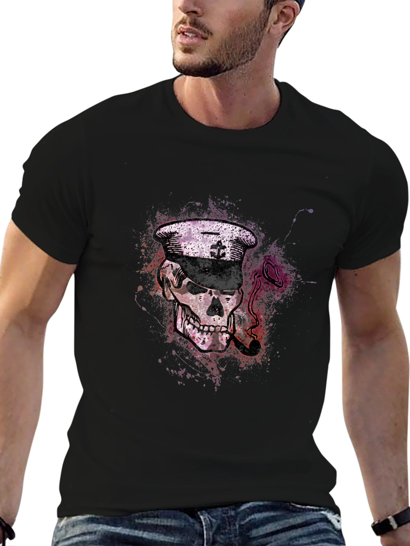 Skull Captain Graphic Tee - Black Cotton T-Shirt