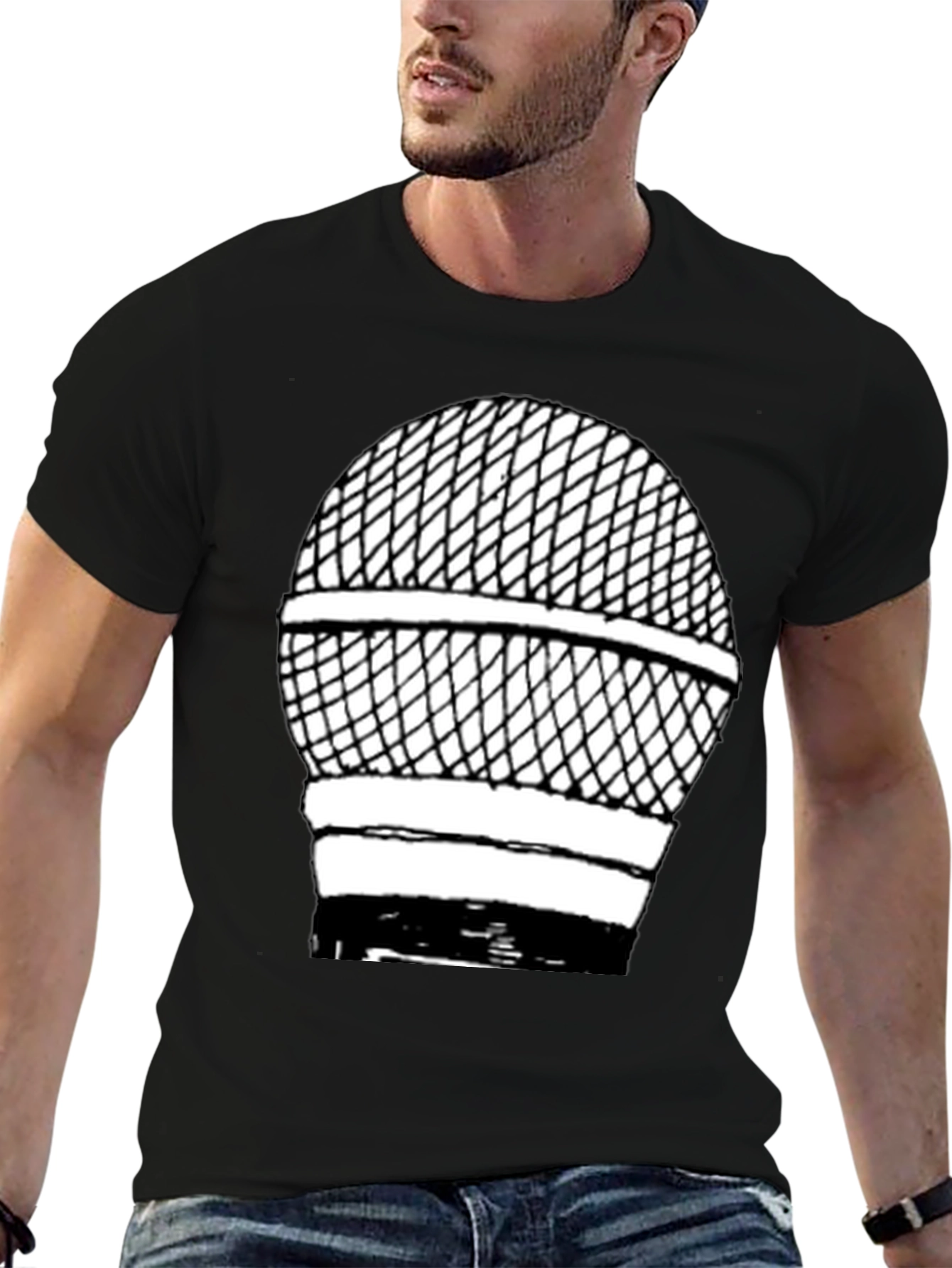 Retro Microphone Graphic Tee - Black Cotton Shirt