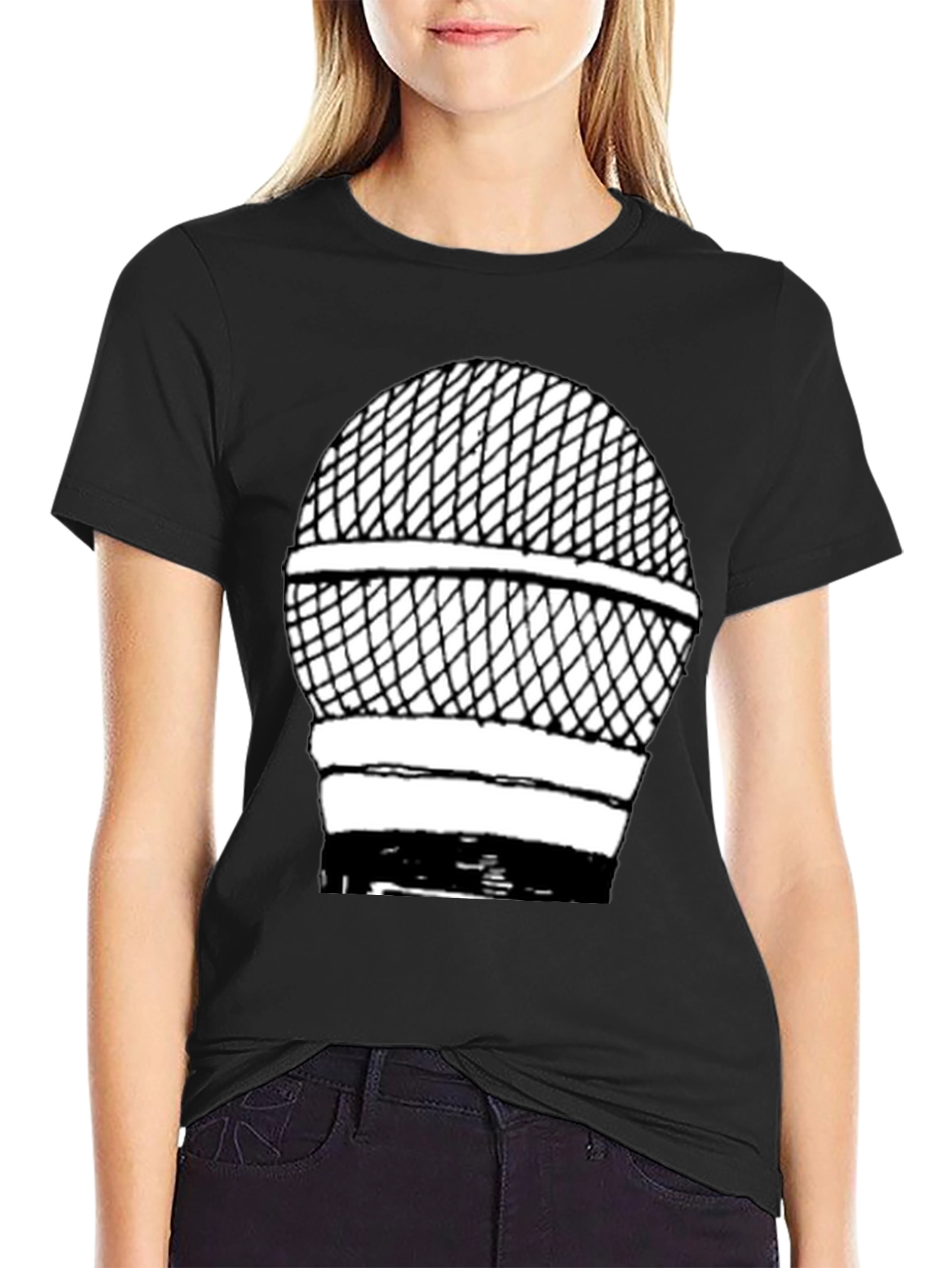 Retro Microphone Graphic Tee - Black Cotton Shirt