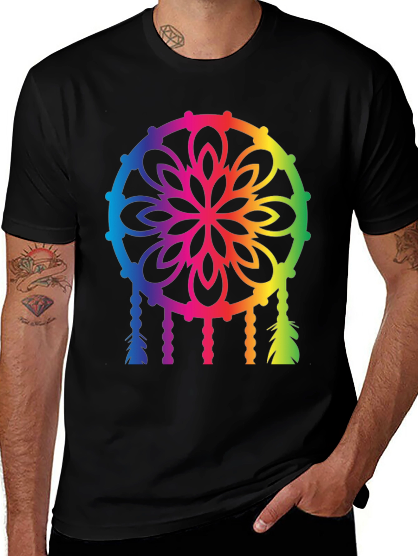 Rainbow Dreamcatcher Graphic Tee - Black Cotton T-Shirt